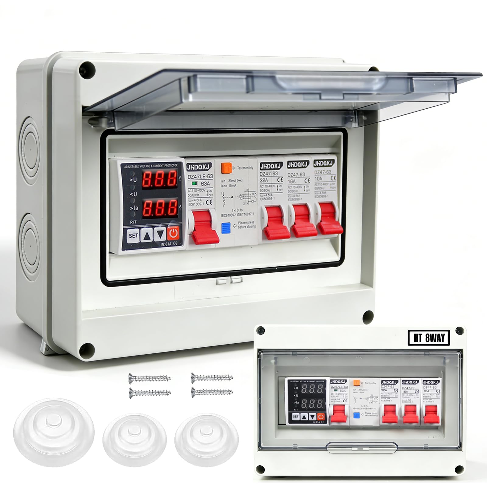Quadro elettrico a parete, con interruttore differenziale e protezione contro sovratensioni, 32A, 16A, 10A interruttori AC, IP65 distributore di corrente per officina, garage, camper