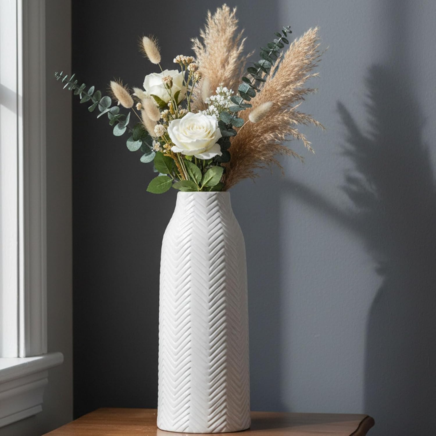 hjn Large White Vase for Flowers Ceramic Vase for Home Decor Tall Vases for Your Floor/Kitchen/Office/Living Room/Table- White Texture(Large) - Image 5