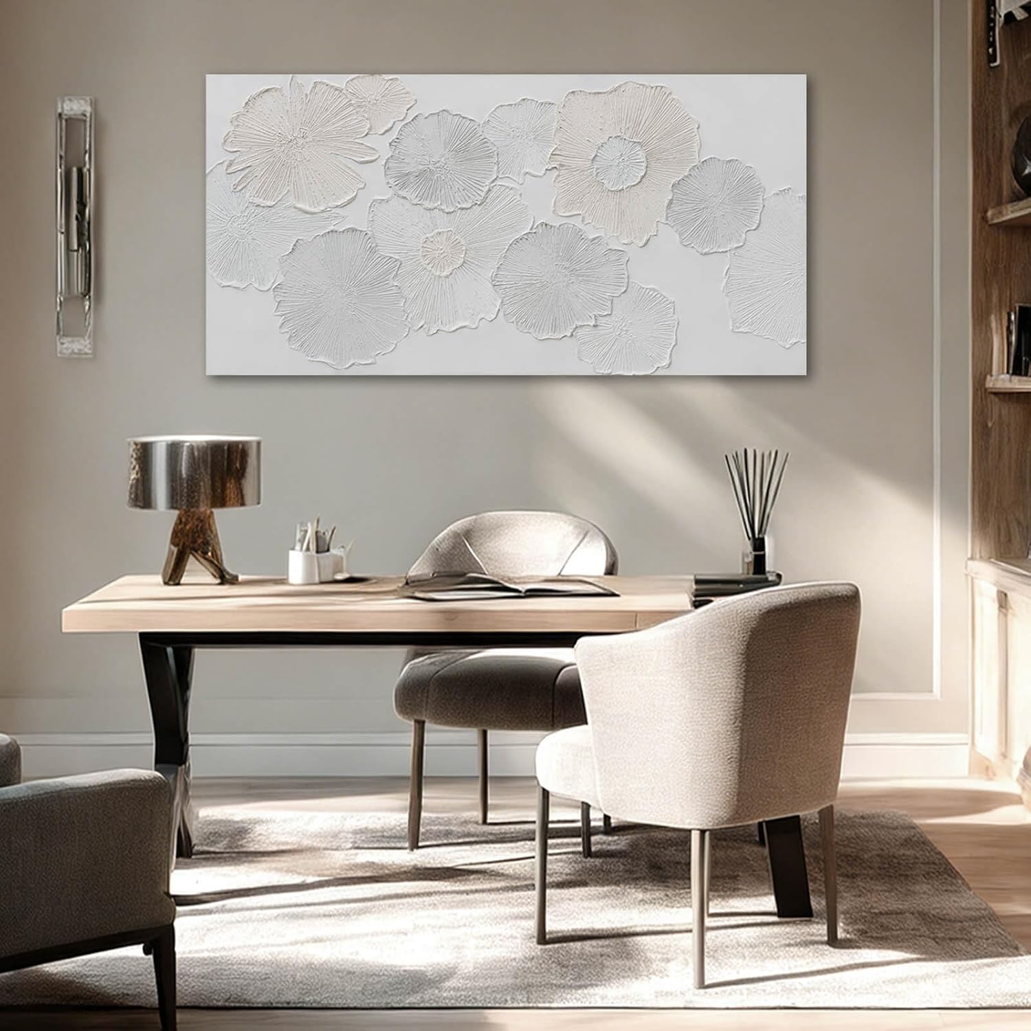 NBAODAN Flower Wall Art White Minimalist Room Decor Abstract Art Wall Decor Textured Living Room Wall Decorations Hand Painted Artwork for Kitchen Home 24x48 Inch