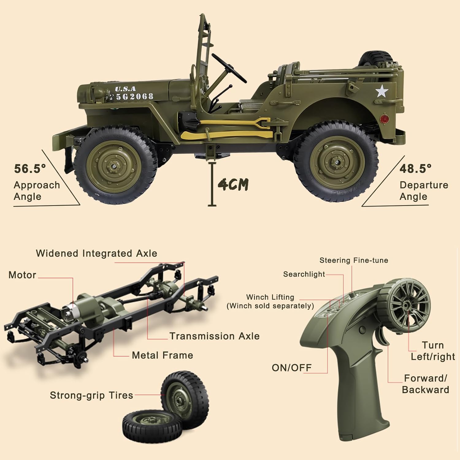 Skymaker RC Trail Truck 4x4 Remote Control Rock Crawler Off Road RC Jeep with Machine Gun & Two Batteries RTR All Terrains 2.4GHz Military Car for Adult(Camel)