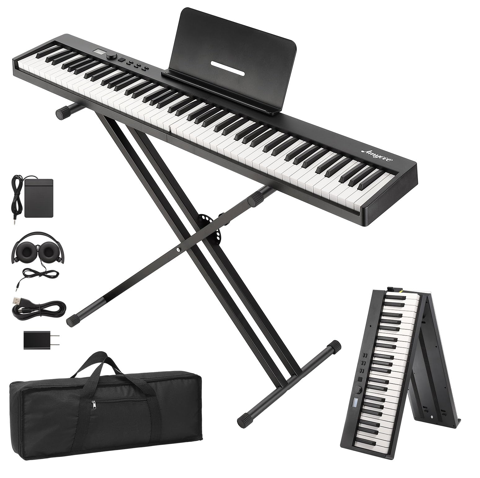 88 Key Full Size Portable Folding Electronic Keyboard Piano Set Built-in Speakers,Electric Piano Keyboard,Digital Piano,Power Adaptor,Bluetooth,Carrying Bag,Headphones,Note Sticker
