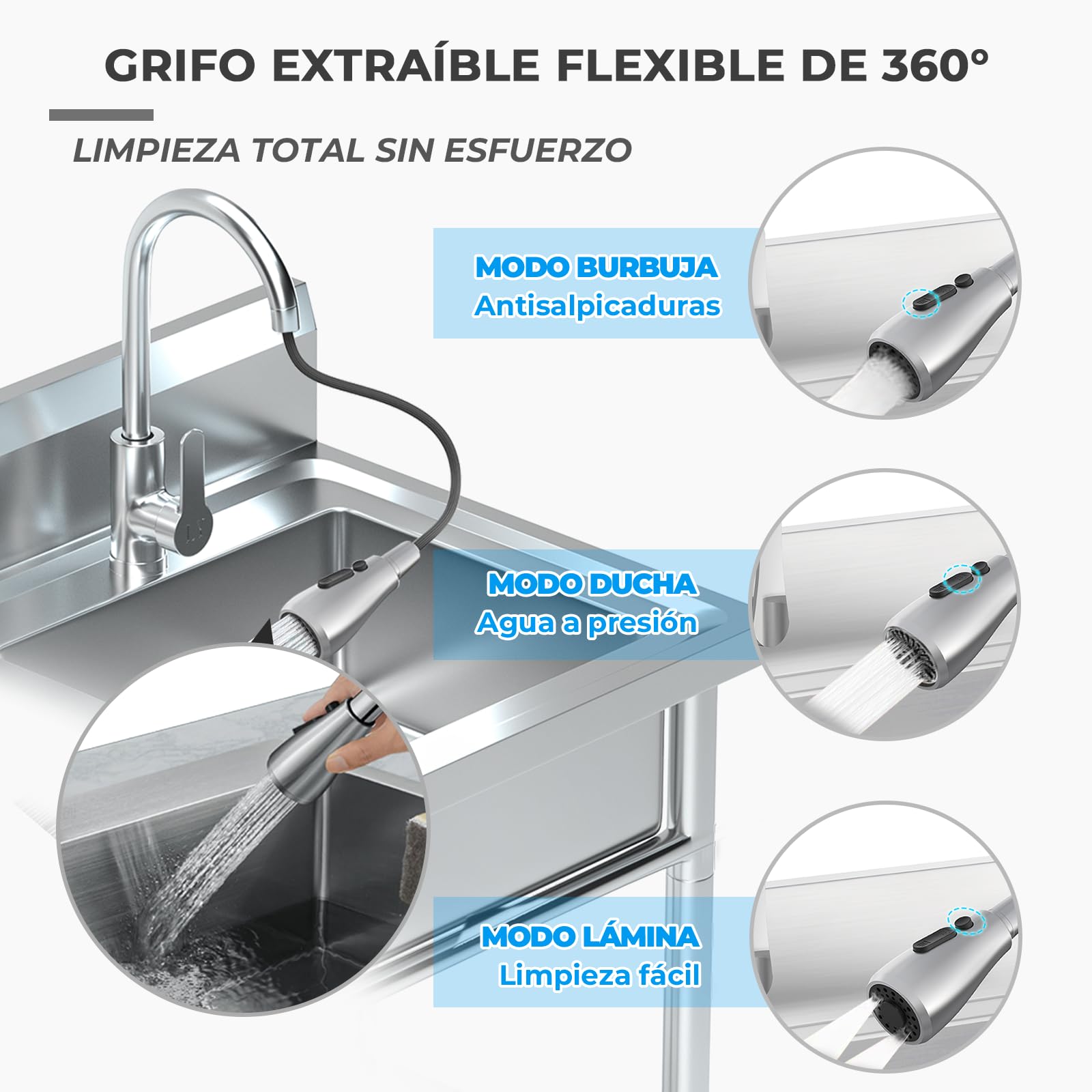 Lavello da cucina industriale con banco da lavoro e Der 100x55x80cm tavolo in acciaio inless con rubinetto a 360 ° lavaggio esterno t per giardino Hospitali Ga