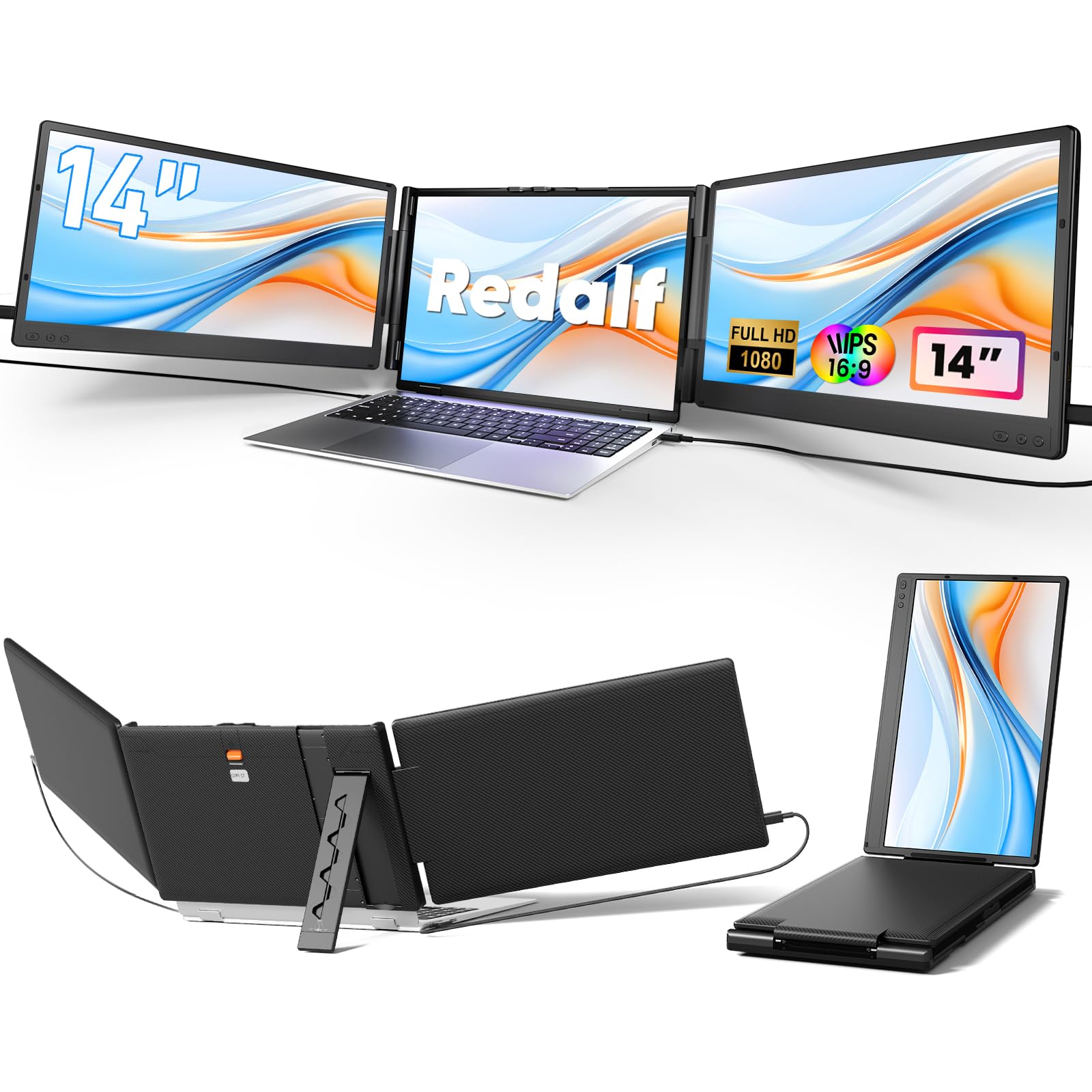 Redalf 14" Triple Laptop Screen Extender, FHD 1080P Portable Laptop Monitor | Auto-Adjust Width, Plug & Play via USB-C/HDMI, Fits 13–17" Laptops, Dual Monitor for MacOS/Windows/Chrome Midnight Black