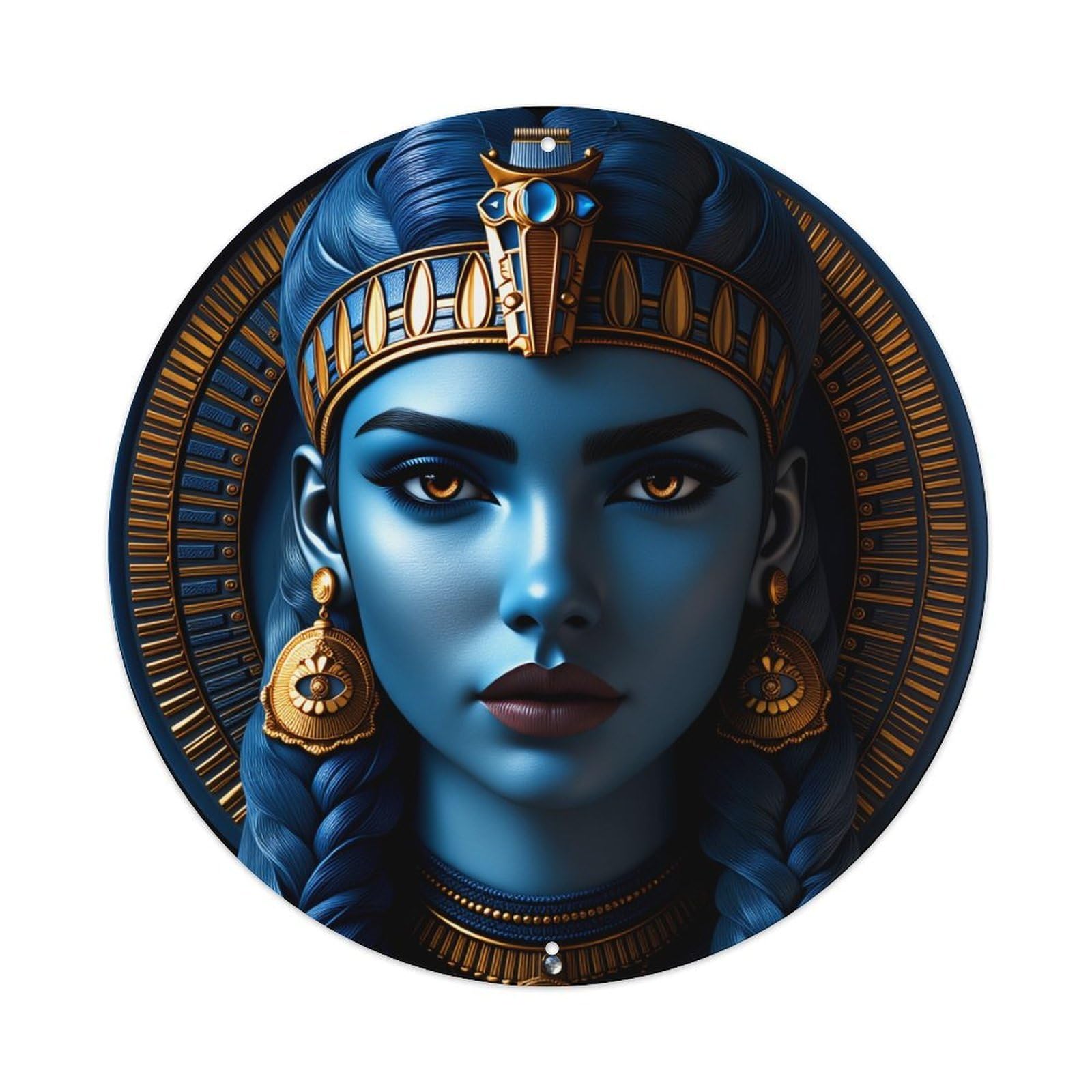 Egyptian Goddess Blue Skin Golden Jewelry Crown Round Vintage Tin Sign,Retro Wall Art,Metal Poster for Home, Bar, Garage, Cafe, Rustic Indoor & Outdoor Decor, 8x8 Inches
