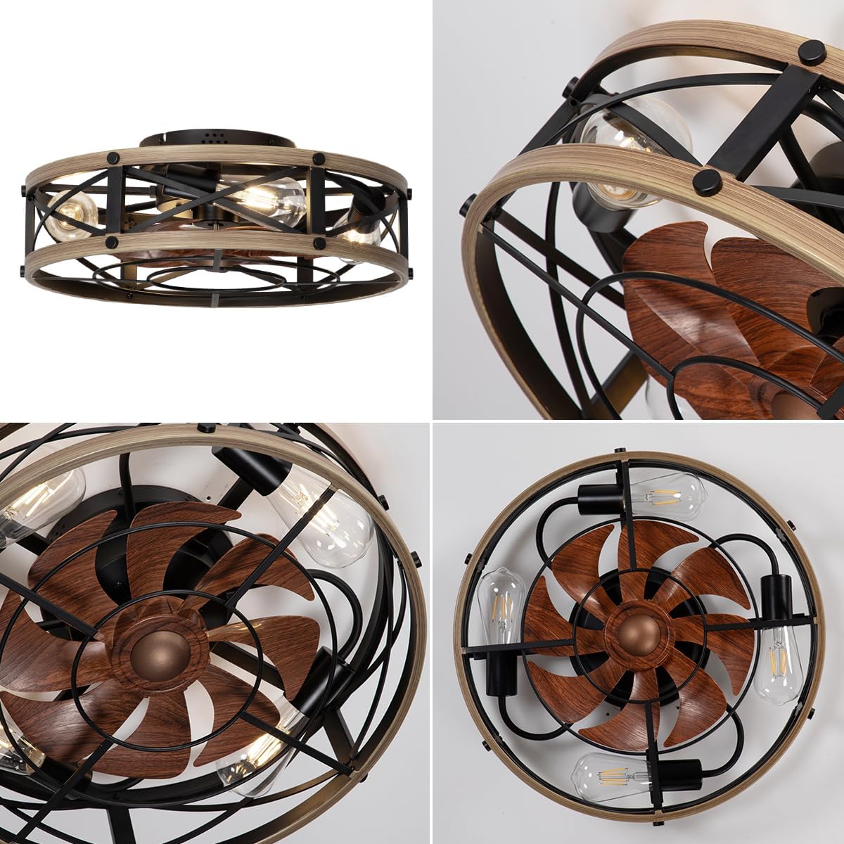 SHLUCE 19" Farmhouse Caged Flush Mount Ceiling Fan with Light, Rustic Fandelier Bladeless Ceiling Fans with Lights and Remote, Small Low Profile Ceiling Fan with Light for Kitchen, Bedroom - ETL