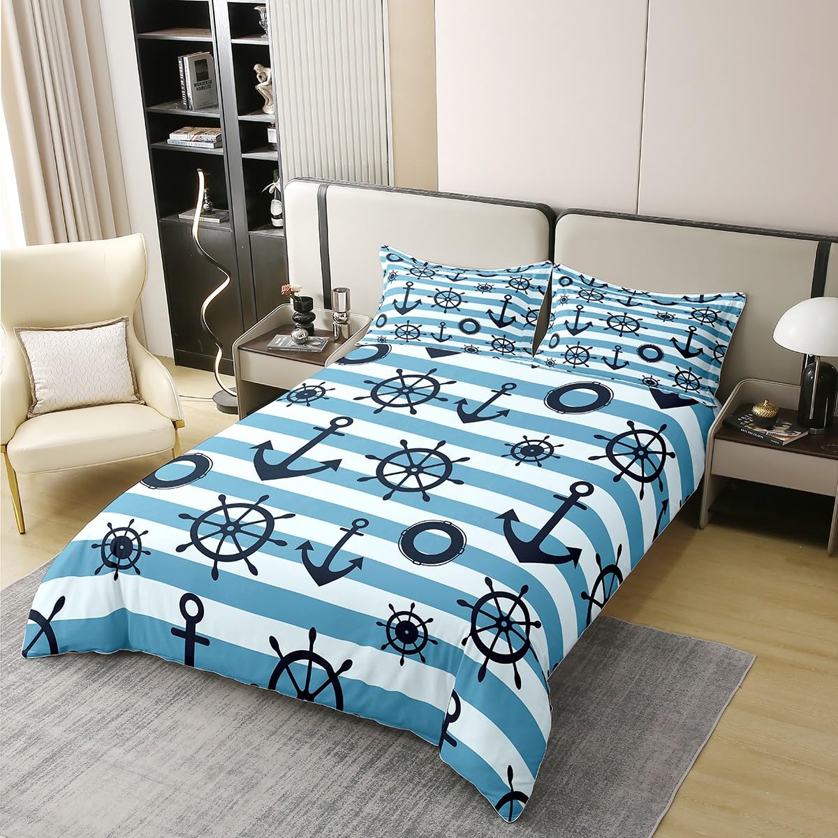 100% Cotton Nautical Anchor Comforter Cover Single,Navy Blue White Stripes Duvet Cover for Kids Boys,Geometric Striped Quilt Cover,Coastal Bedding Compass Rudder Bedspread Cover with 1 Pillow Case - Image 3