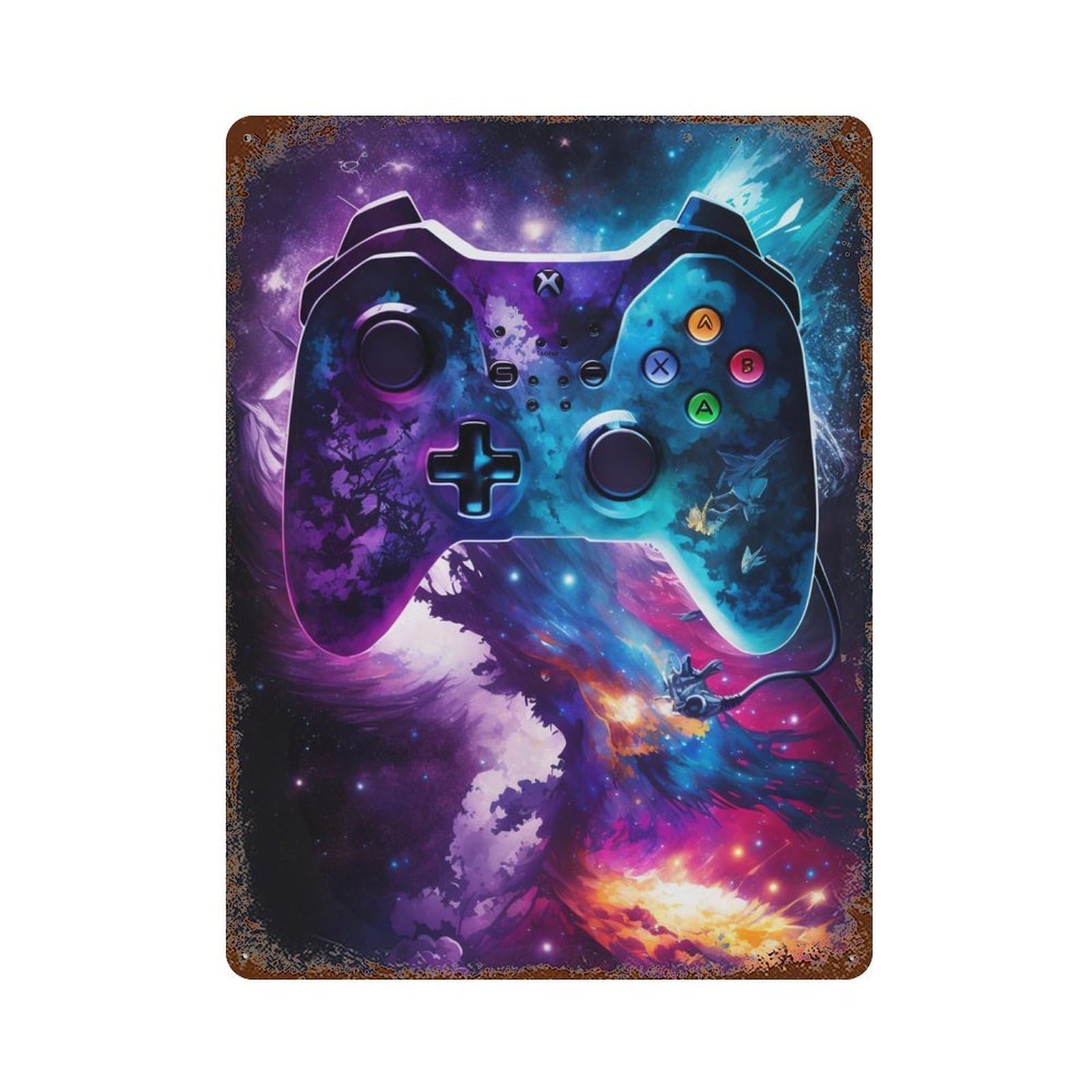 Gamer's Cosmic Controller 15.7"x11.8" Distressed Metal Wall Sign, Retro Wall Decor for Garage, Bar And Workshop Decor