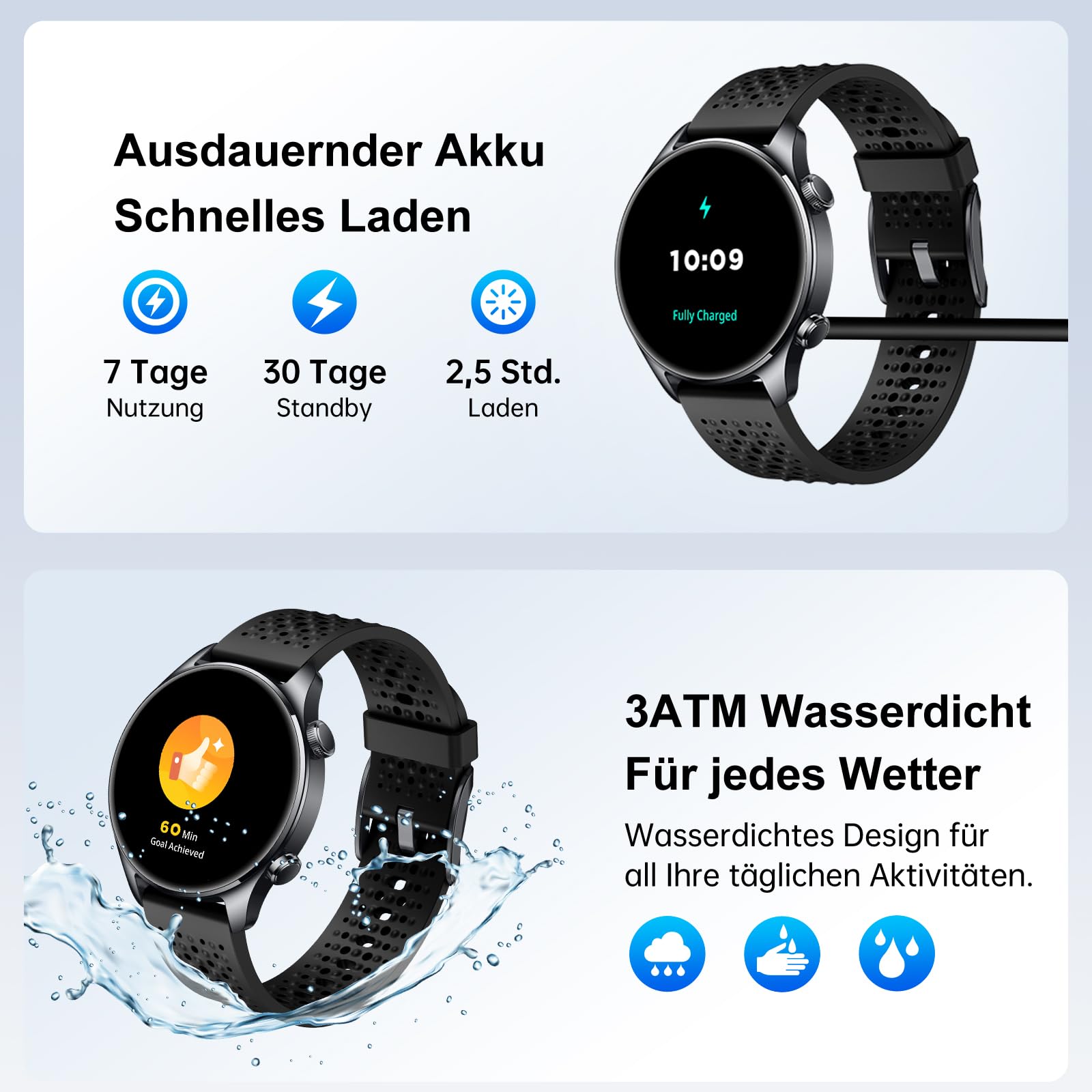 Smartwatch Herren mit GPS 30m Wasserdicht, Laufuhr für Android und iOS Blau | Herren Fitness Uhr Bluetooth Anruf Zolovip 1,44 Zoll AMOLED Rundes Display, Herzfrequenz/Schlaf/SpO2-Monitor, 100+ Sportmodi