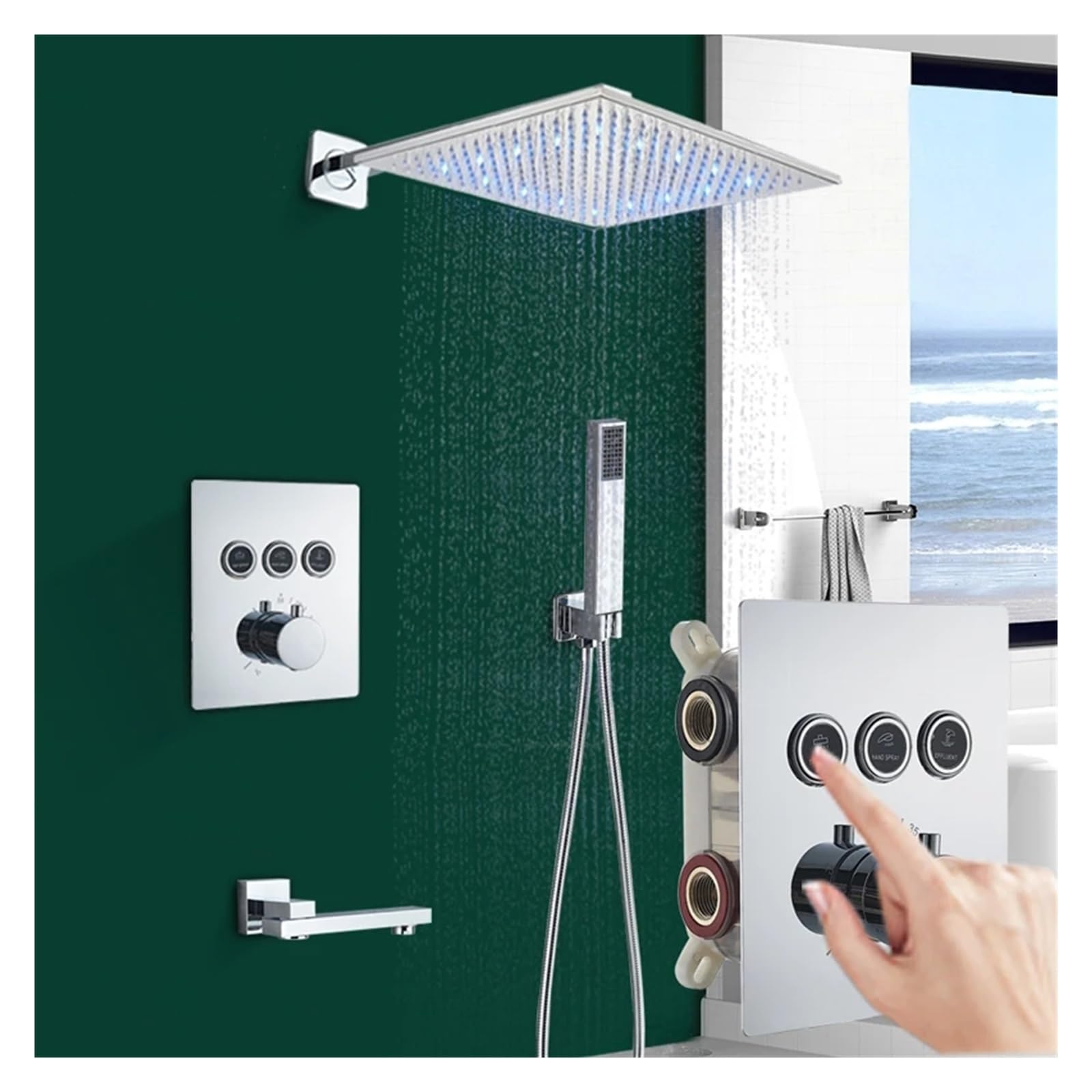 Tbddsd One Color Bathroom Shower Heads, Shower Kits, Chrome Thermostatic Faucet Set Led Thick Rainfall Head Abs Plastic Handheld Hot Cold Mixer Crane