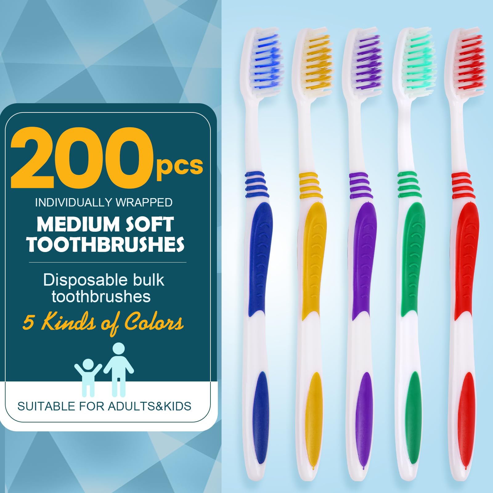 Navona Confezione da 200 spazzolini monouso di alta qualità, confezionati singolarmente, spazzolini da denti per bambini, spazzolini da denti con setole morbide medie, manico ergonomico, perfetti per