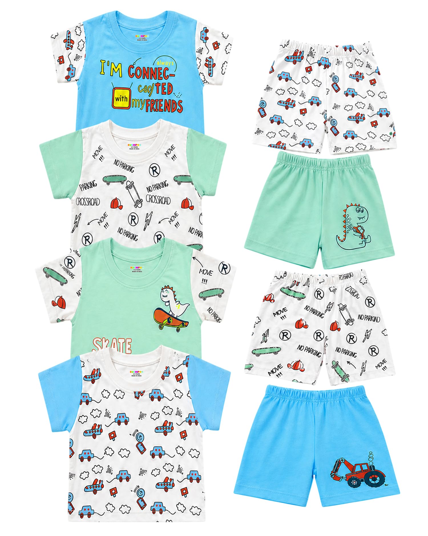 boys 100% cotton t-shirt & shorts set | printed summer wear set | soft & comfortable kids clothing | pack of 4
