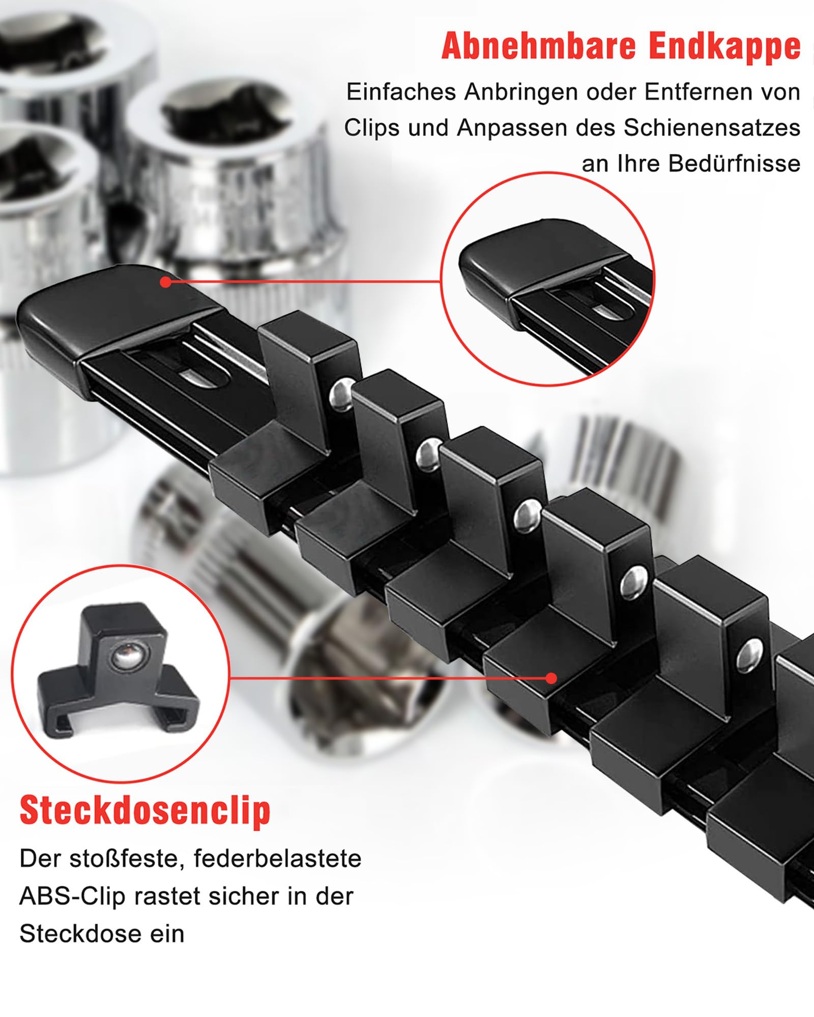 Soportes para Llaves de Vaso: 9 Piezas Organizador Llaves de Vaso con 129 Clips para Vasos de 6.3 mm (1/4"), 10 mm (3/8"), 12.5 mm (1/2") en Pulgadas Métricas