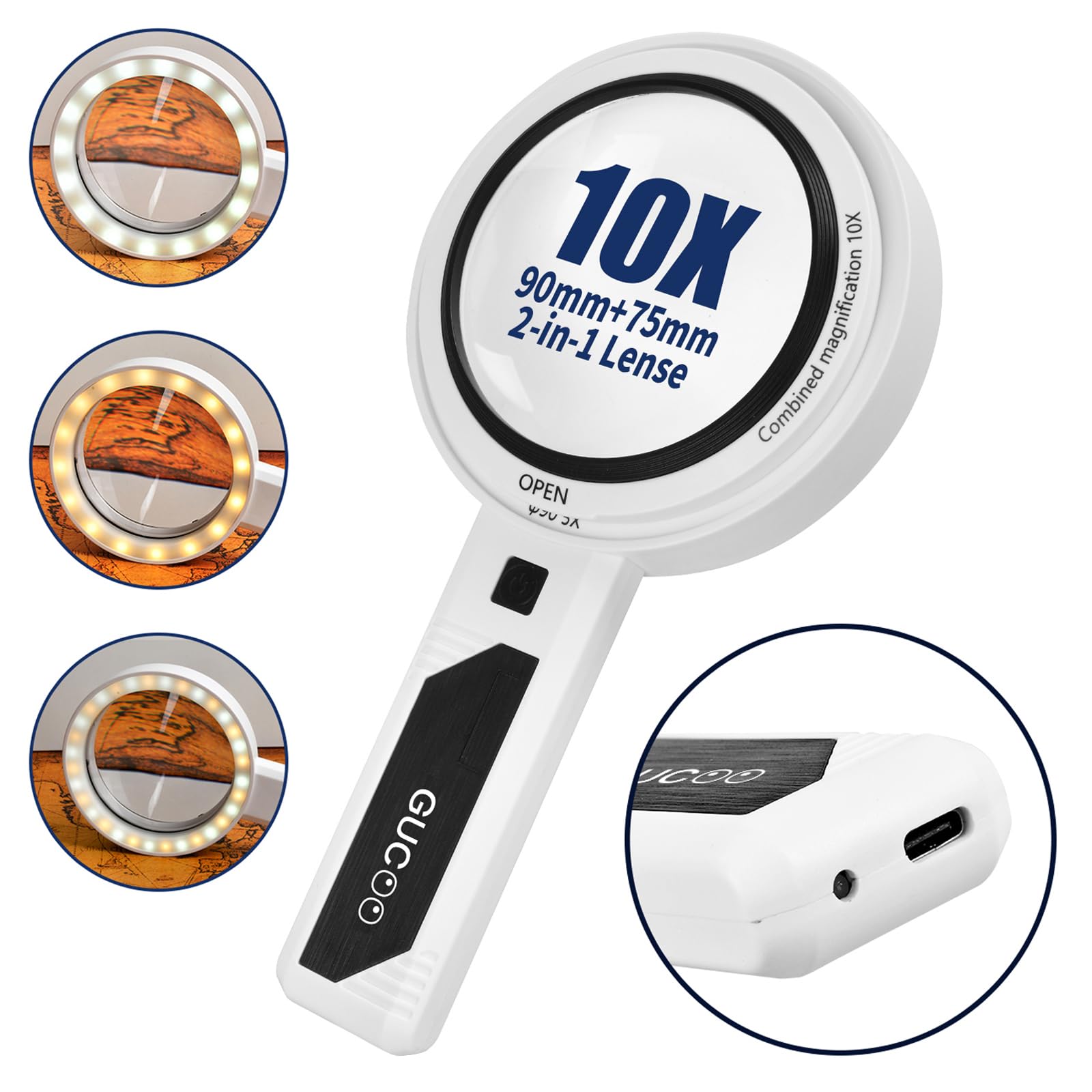 GUCOO Magnifying Glass with Light for Close Work 5X 10X Handheld Lighted Magnifier for Reading Jeweler Senior 32 Led Illuminated Small Portable Hand Held Magnifying Lens for Jewelry White Charge