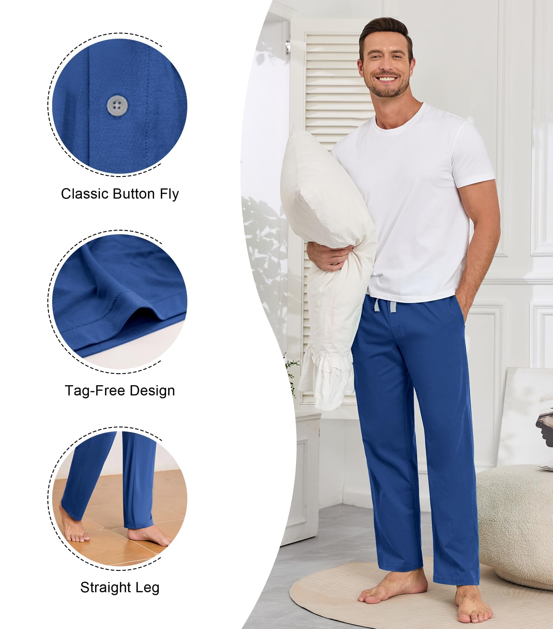 ANLIQI Herren Pyjama Hose aus 100% Baumwolle mit elastischem Bund und weichem Kordelzug Lounge Schlafanzug Hose mit Taschen