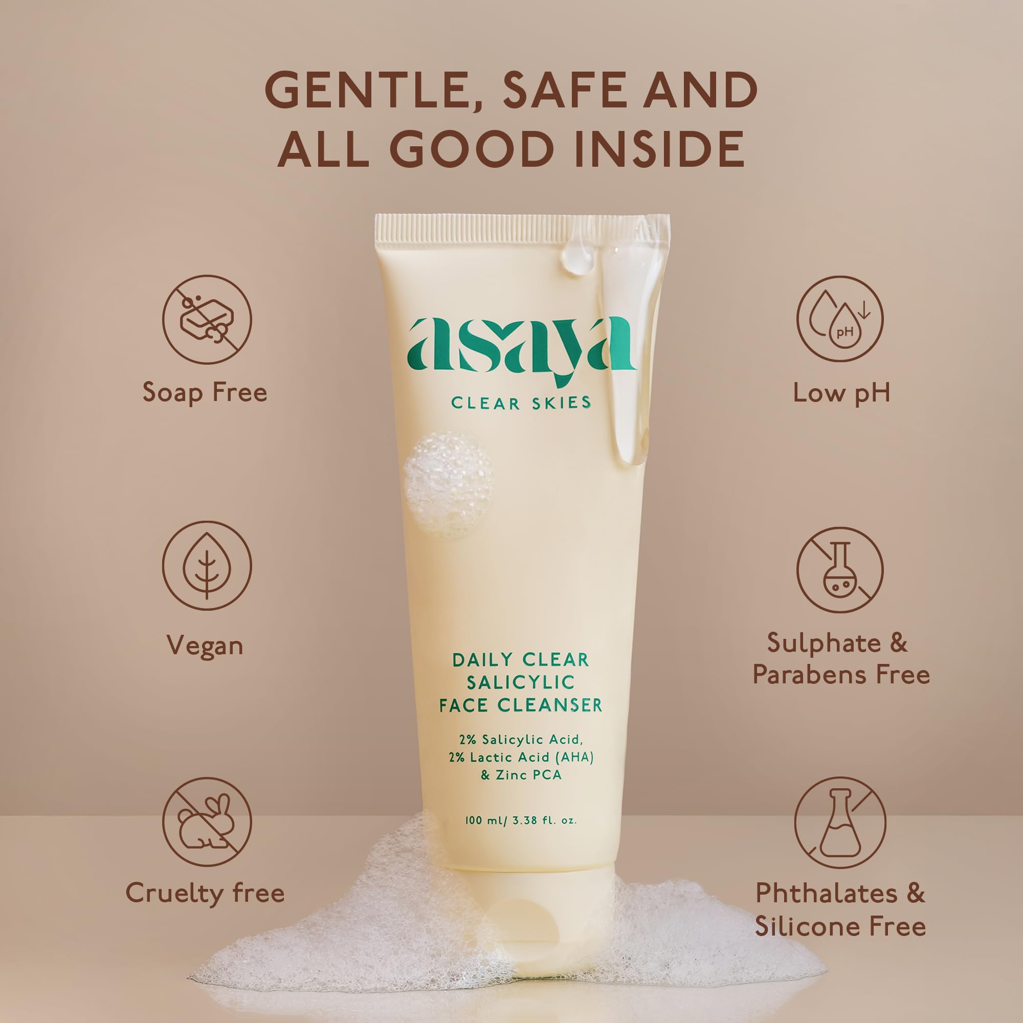 Asaya Daily Clear 2% Salicylic Acid Face Wash Cleanser I for Oily and Acne Prone Skin I With Lactic Acid & Zinc PCA I Treats Active Acne | Unclogs Pores | Controls Oil -100ml 4