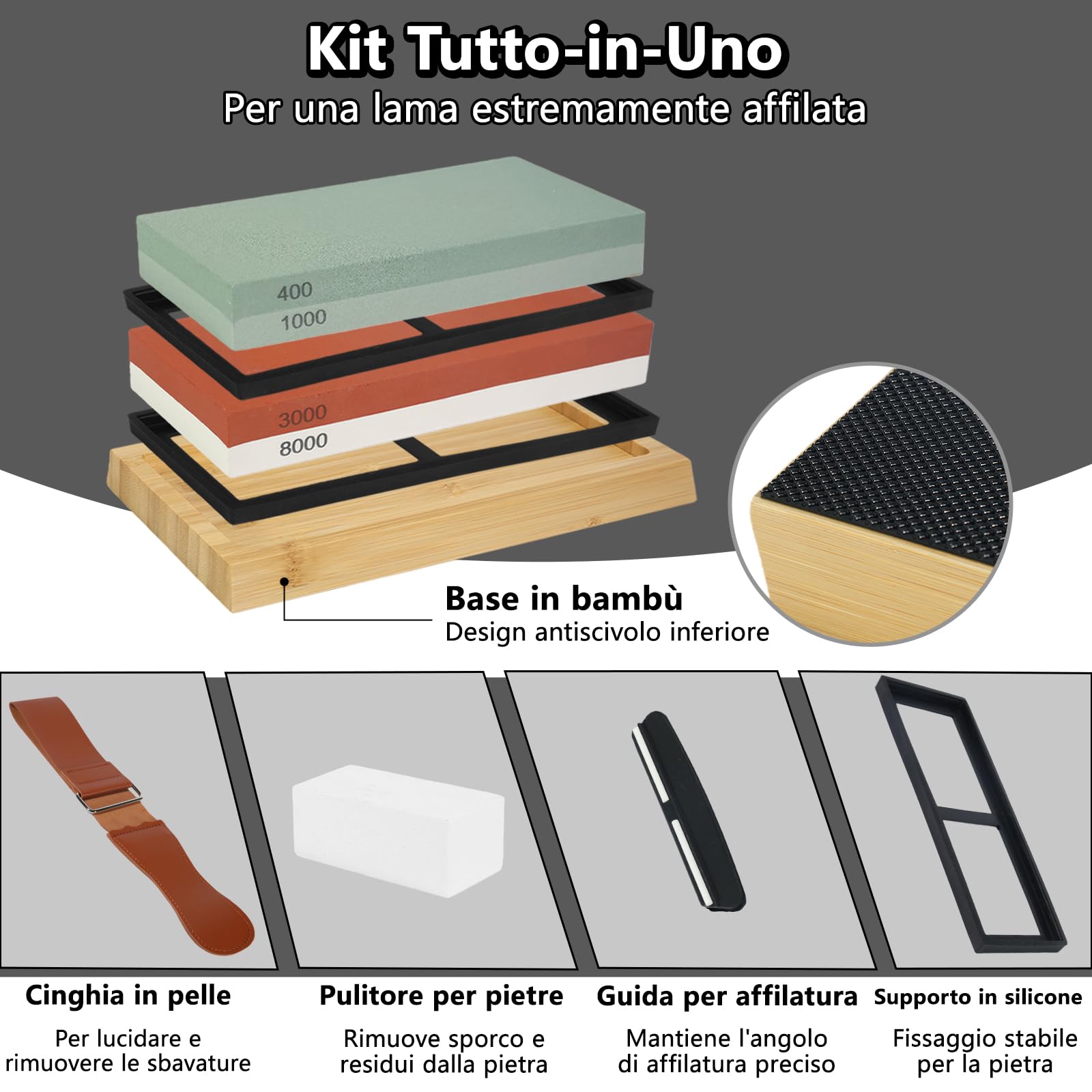 Pietra Affilacoltelli 400/1000 e 3000/8000, 8-in-1 Pietra Affilatura, Pietra per Affilare, Kit con Cote per Affilare coltelli, Grana Giapponese Pietra, Supporto in Bambù Antiscivolo, Guida Angolare