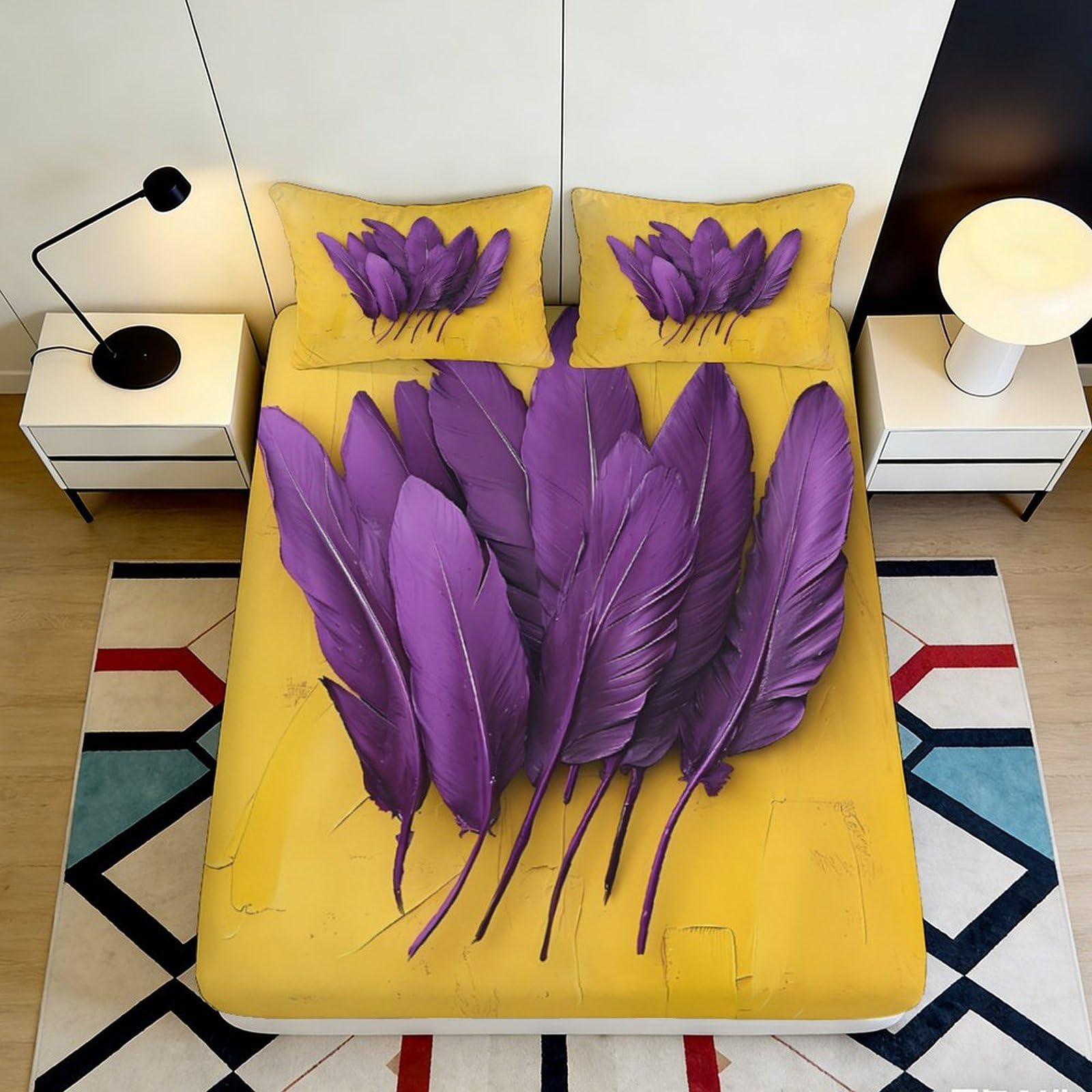 Uynsixtme Style-3 3D Printed Purple Feather Fitted Sheet Microfiber Deep Pocket Bedroom Bedding Purple Feather Mattress Fitted Cover Non-Slip Washable 140X200x25cm