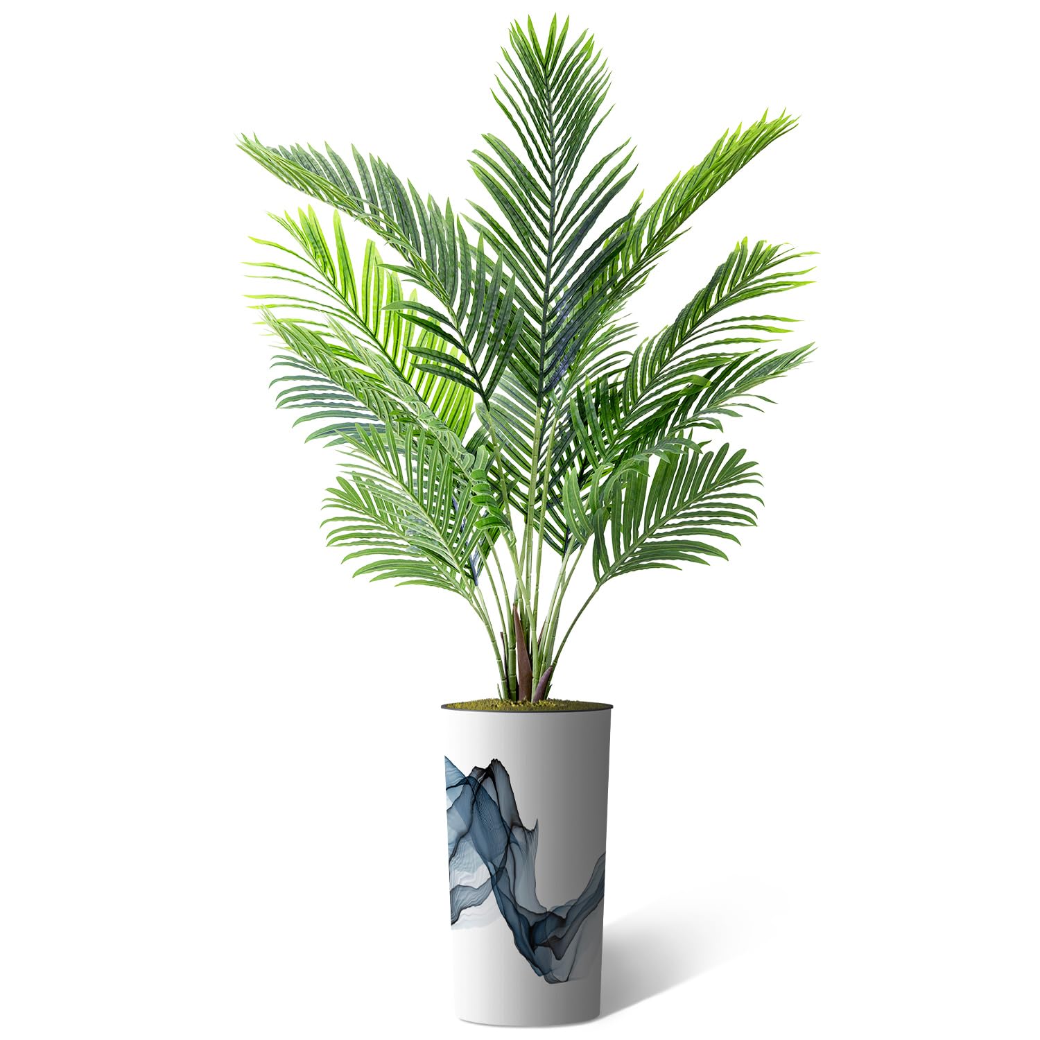 Artificial Tree in Flowing Blue Smoke Abstract Shapes Planter, Fake Areca Tropical Palm Silk Tree for Indoor and Outdoor Home Decoration - 66" Overall Tall (Plant Pot Plus Tree)