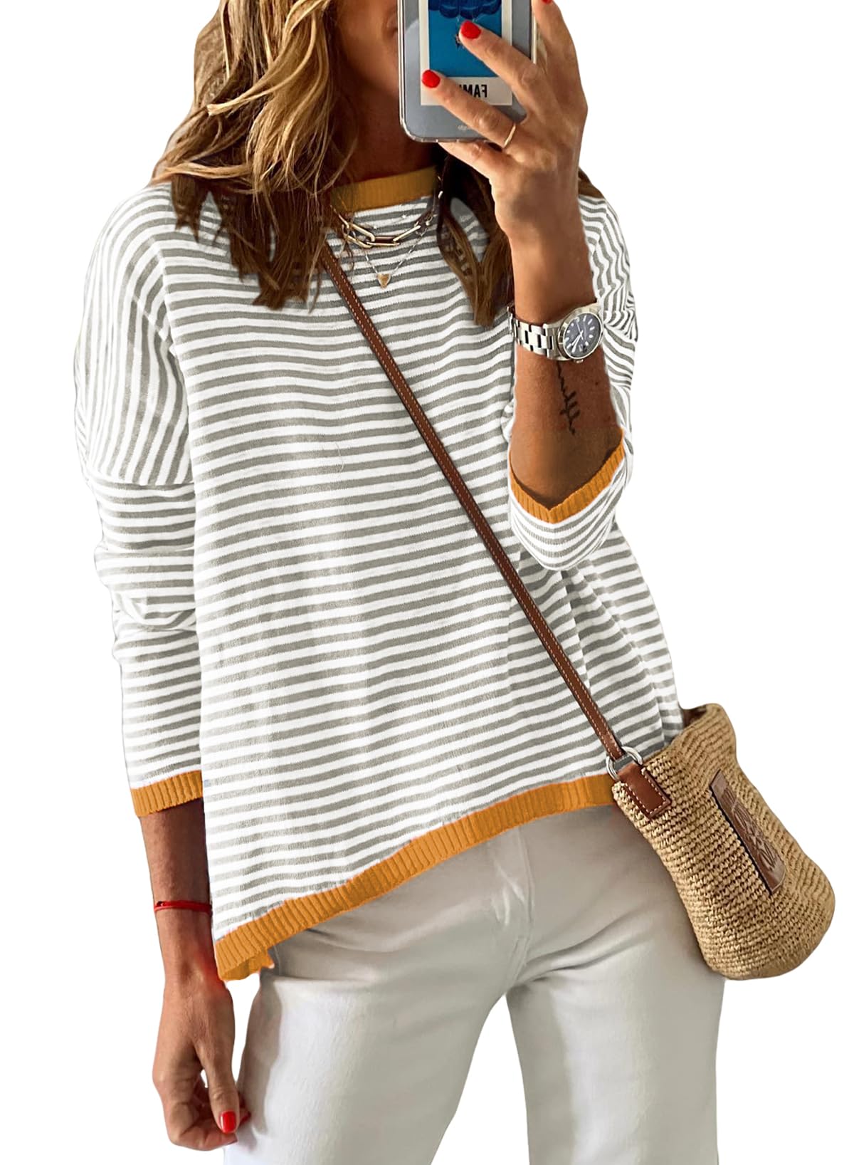 NARURAL Womens Striped Lightweight Cotton Sweaters Long Sleeve Crew Neck Color Block Casual Knitted Pullover Tops