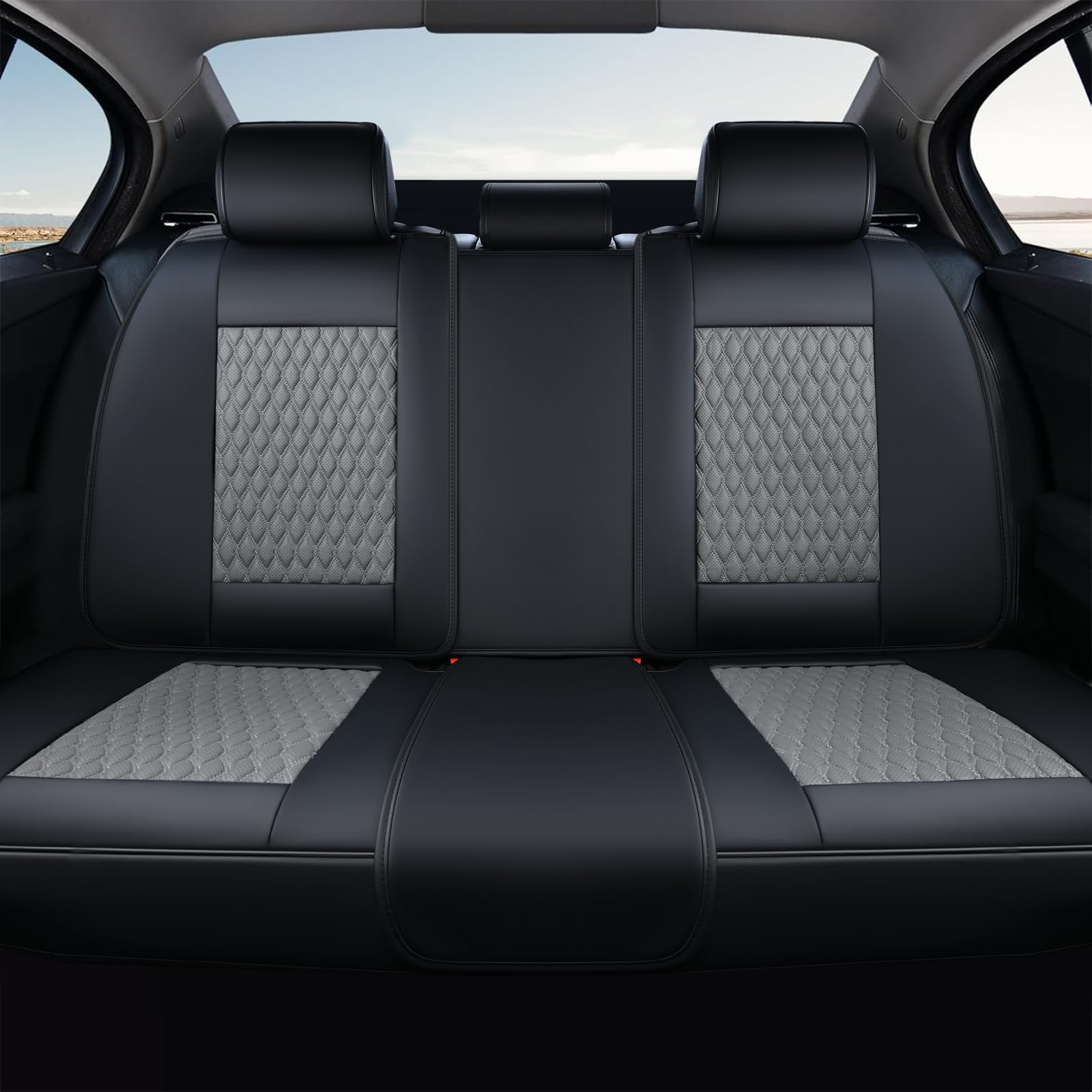 Coverado Leather Rear Seat Covers for Cars, Waterproof Back Seat Cover, Universal Automotive Seat Cushion Protector for Most Cars Trucks SUV (Black&Gray)