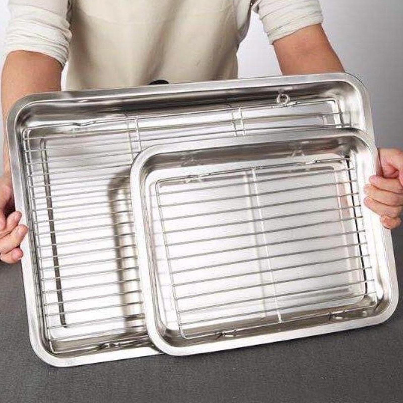 Teglia in Acciaio Inox con Griglia di Raffreddamento, Leccarda per Forno Rettangolare, Materiali Sicuri, Antiruggine e Facilissima da Pulire per Croccante, Frittura e Barbecue, 60 X 40 X 4.8 cm