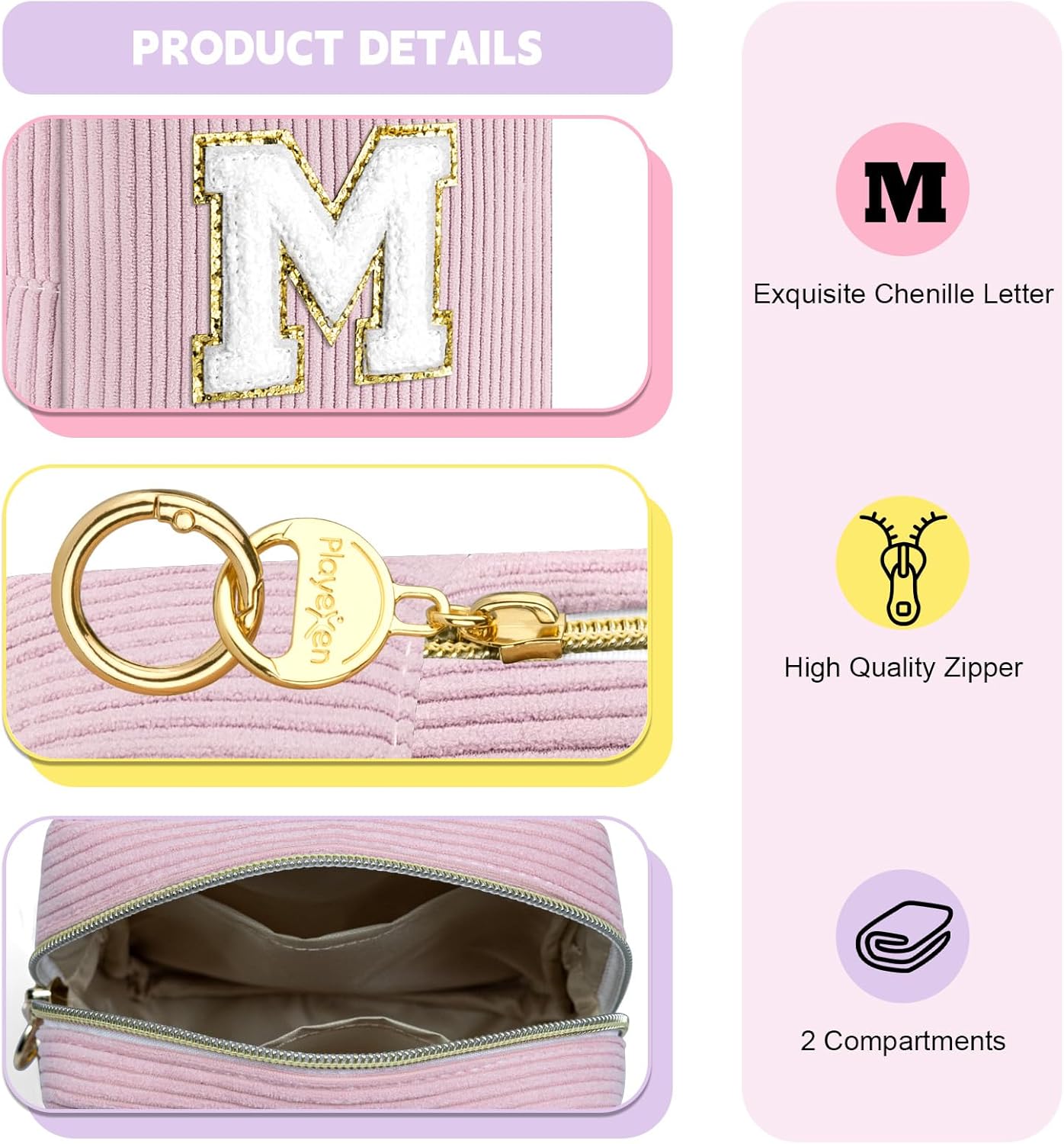 Small Initial Makeup Bag, Pink Corduroy Personalized Cosmetics Bag with Ring Buckle, Monogram Cute Travel Toiletry Pouch Purse for Birthday/Wedding/Party Gifts (Letter L) - Image 3