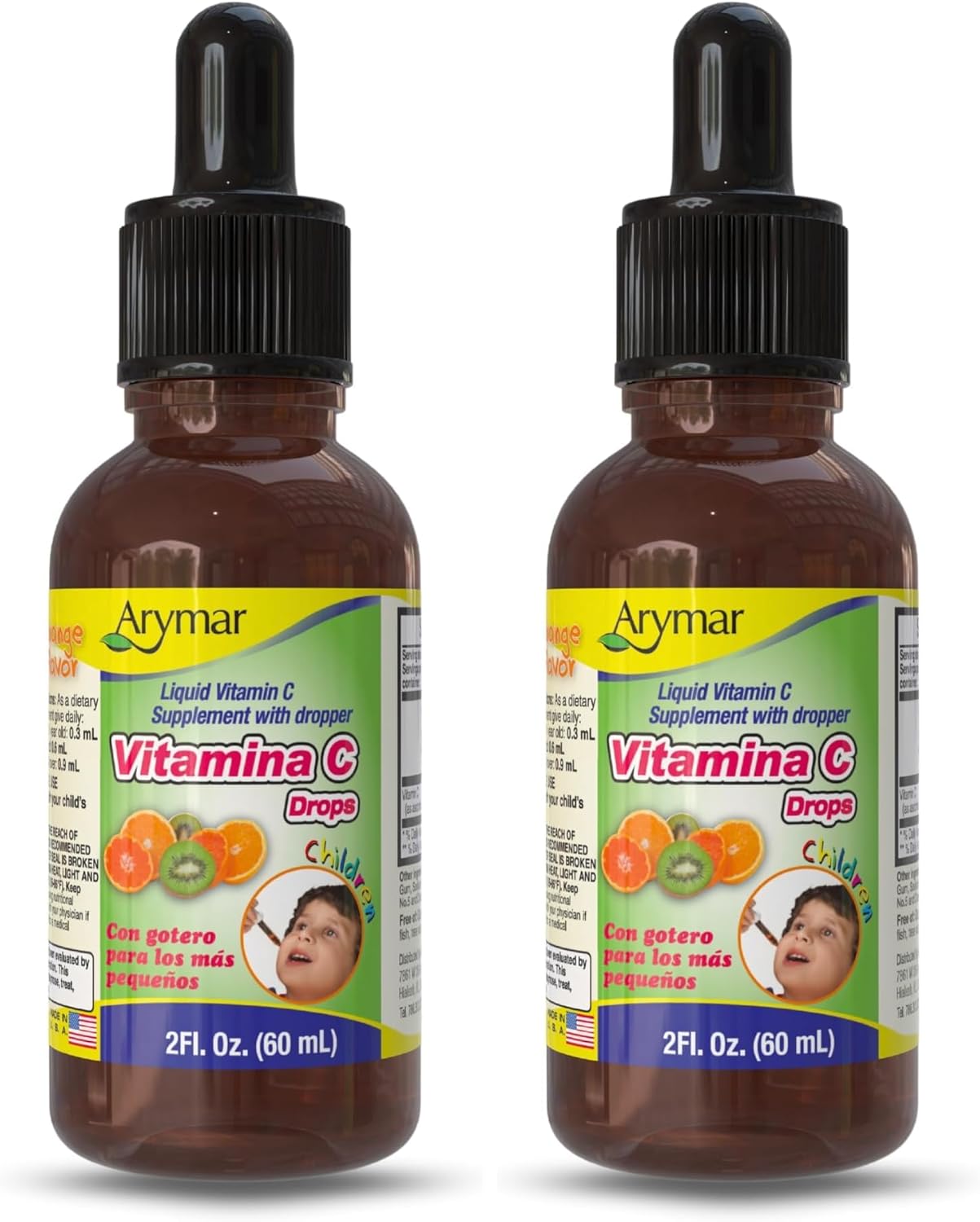 ARYMAR Vitamin C Drops for Children, Immune Support, Antioxidant, Orange Flavor (2 Fl Oz/Pack of 2)