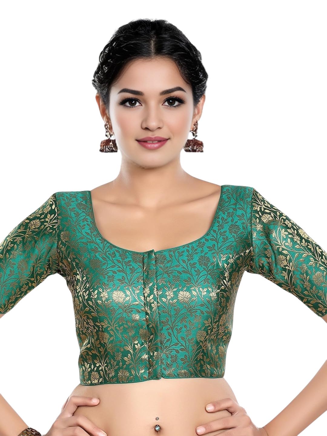 biyu Women's Brocade Floral Woven Round Neck Half Sleeves Readymade Saree Blouse-picture-10