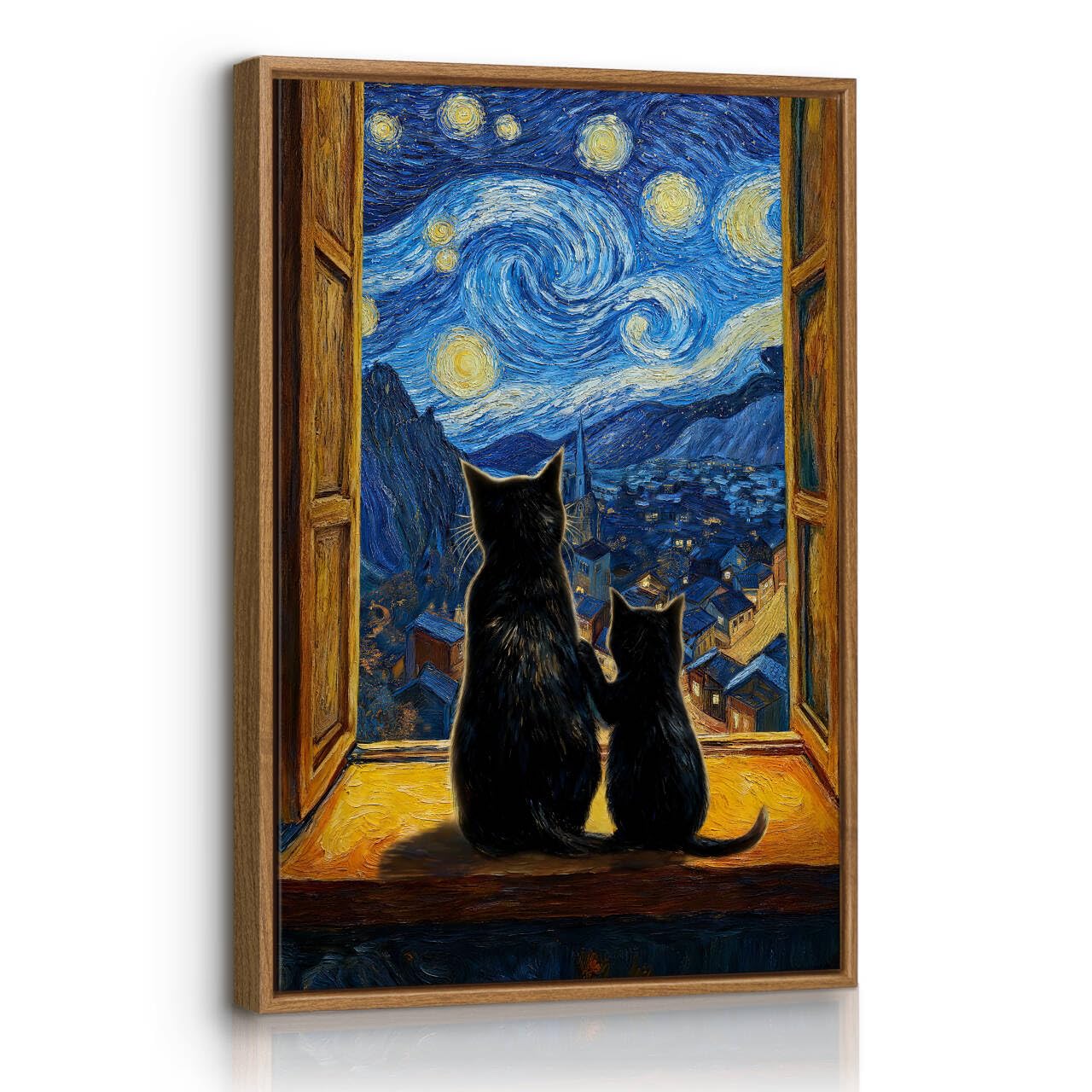 FajerminArt Van Gogh Nuit étoilée Avec Des Chats Tableau Decoration Murale Avec Cadre Animaux Rigolos Impression Sur Toile Chats Vintage Affiche Peinture Decor Maison pour Salon Chambre 40X60cm