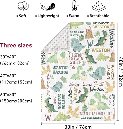 Miniatura 2 de Manta de doble capa para bebé con nombre personalizado, con patrón de dinosaurio verde, manta de ropa de cama personalizada para Halloween, para