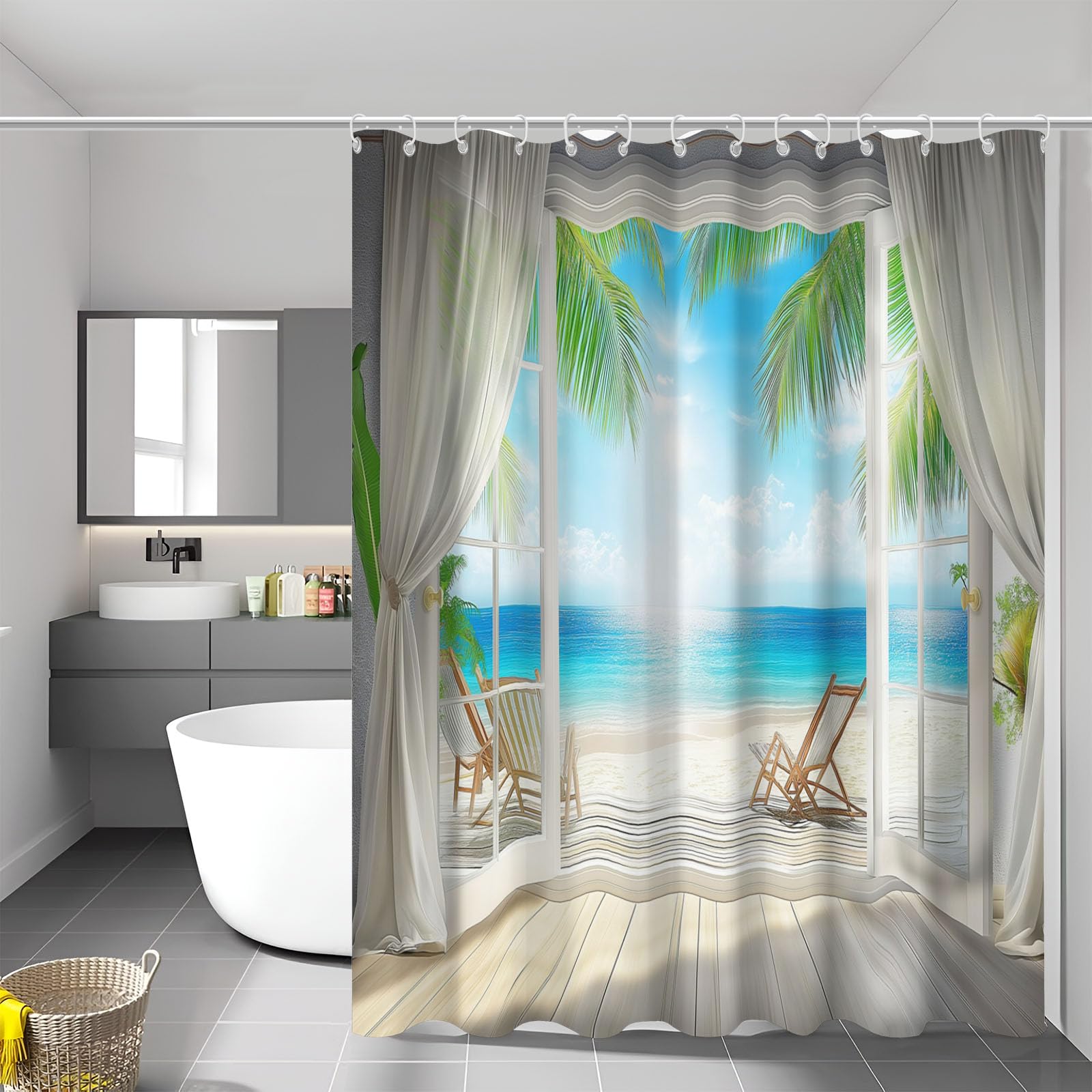 Rideau de douche de plage 240 x 200 cm en polyester imperméable