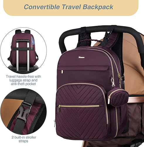 Miniatura 6 de MOMUVO Mochila para pañales, bolsa de bebé acolchada con cambiador, correas para cochecito y funda para chupete, bolsas de pañales de viaje grandes,