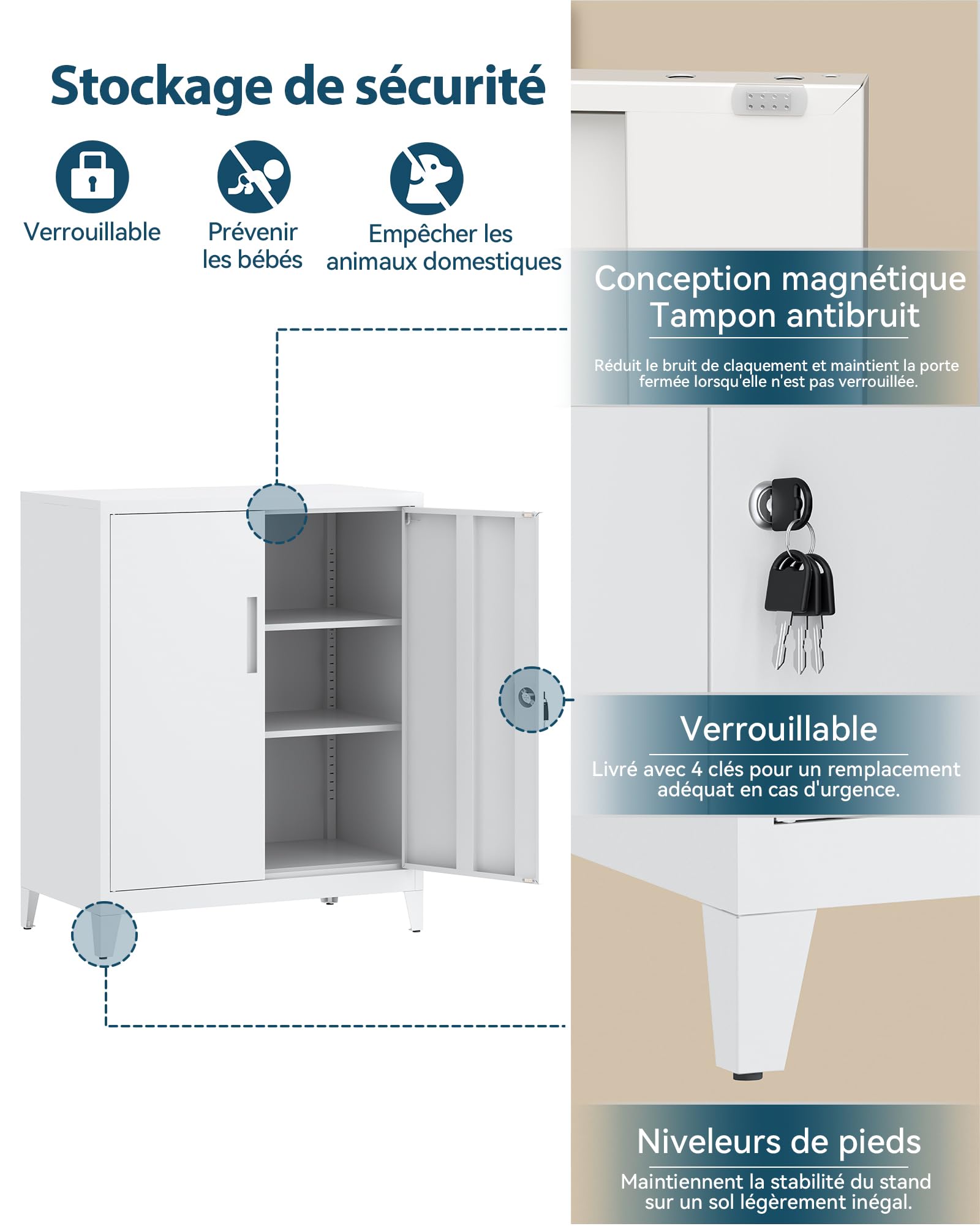 Armoire de Rangement en Métal, Armoire de Garage verrouillable avec 2 Étagères, de Bureau avec étagères Réglables, pour le Bureau, le Garage et la Buanderie, 40 x 80 x 100 cm, Blanc