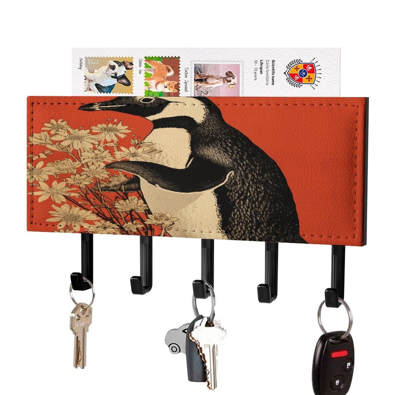 Fekiloot Black-Style Penguin Holding Flower Key Holder Wall Mount Decorative Key And Mail Holder With 5 Hooks Key Hanger Organizer Pu Key Rack Decorative Home Decor For Wall Living Room Entryway Office