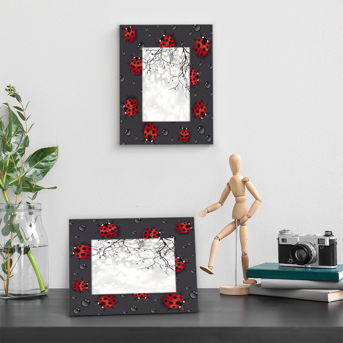 Bardic Cornice portafoto in legno a forma di coccinella, ombrello e foglia, 20 x 25 cm, per scrivania o decorazione da parete