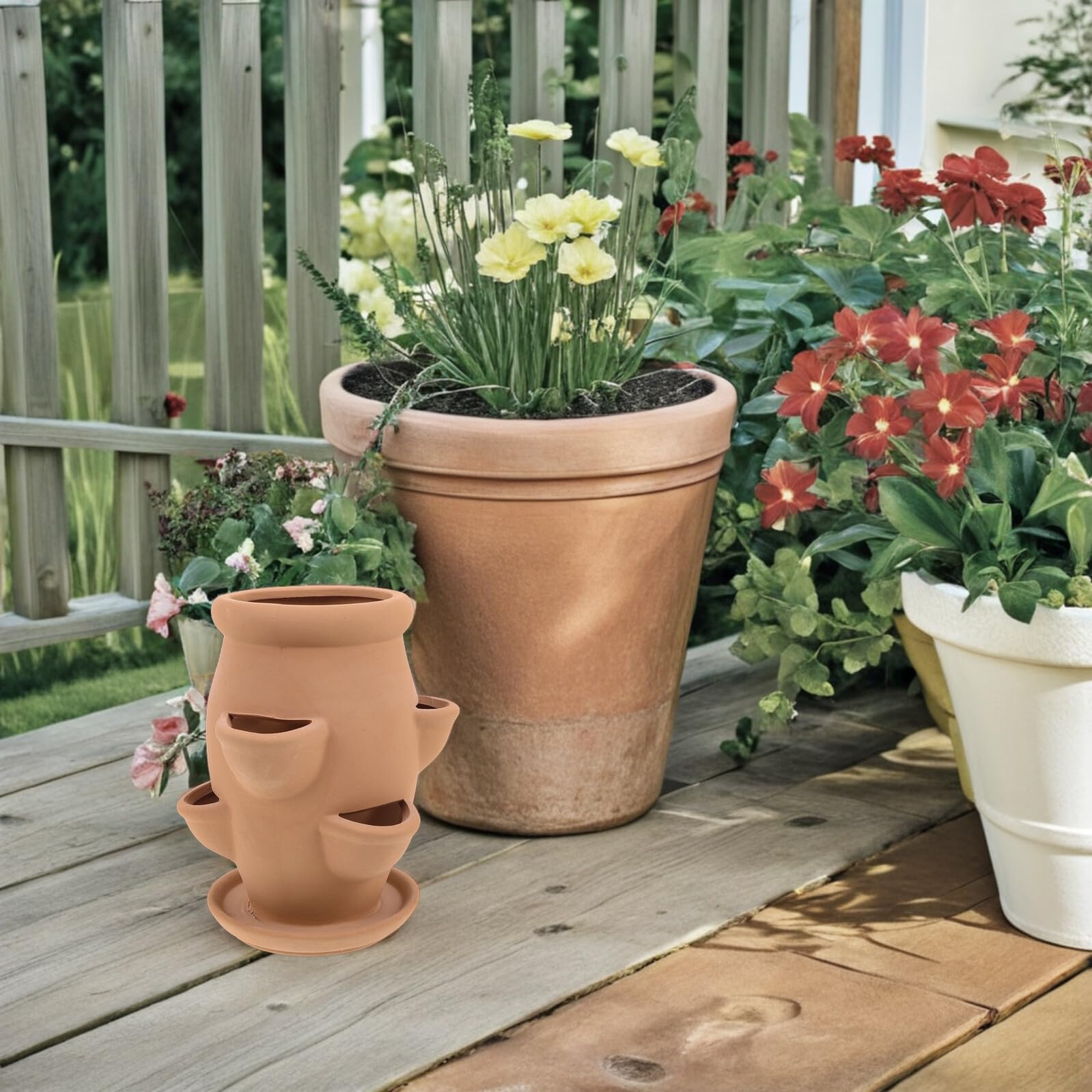 BESTonZON Terrakotta Sukkulententopf mit 6 Taschen Leichter Erdbeerturm Pflanztopf für Orchideen und Garten Dekorativer und Moderner 6-fächer Pflanzbehälter im Turm Design