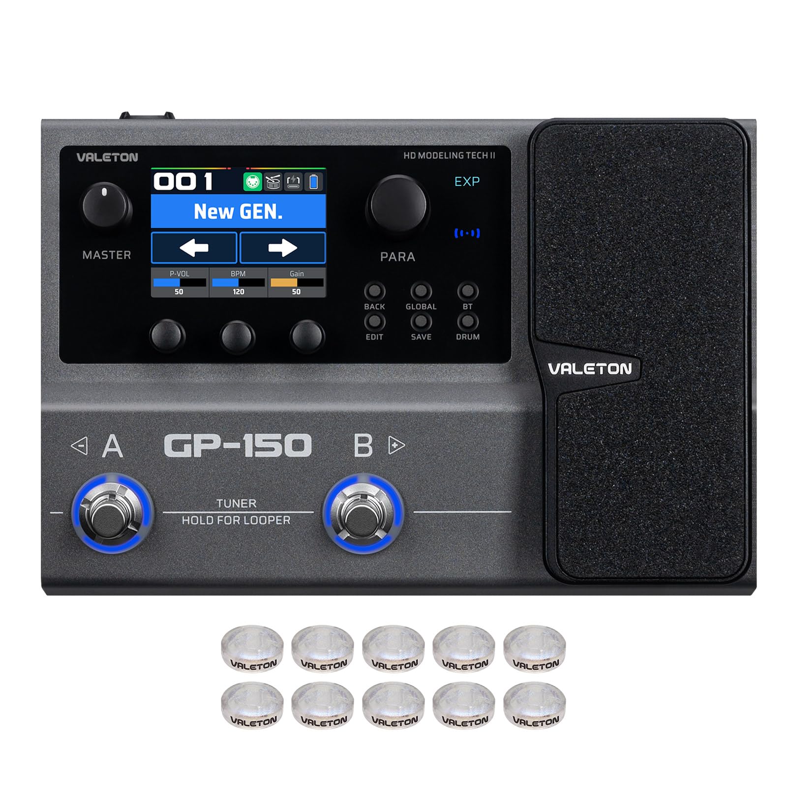 VALETON Processore Multi-Effetti con 200+ Effetti HD, Caricamento IR/NAM, Looper 180s, Batteria e BT GP-150