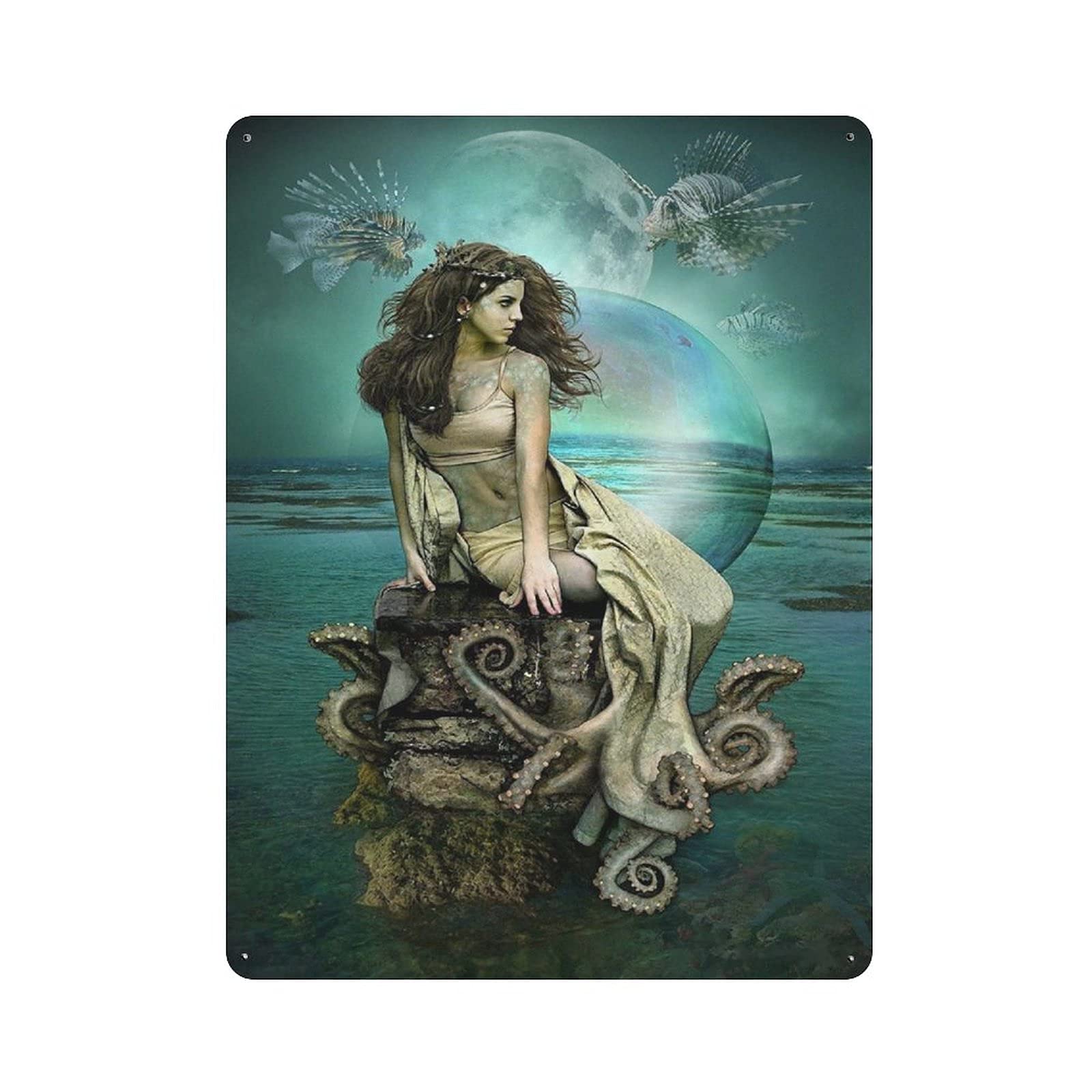 Metal Tin Sign Mermaid Sea Vintage Tin Poster Metal Sign Wall Decoration Country Kitchen Home Garage Decor 16"x12"