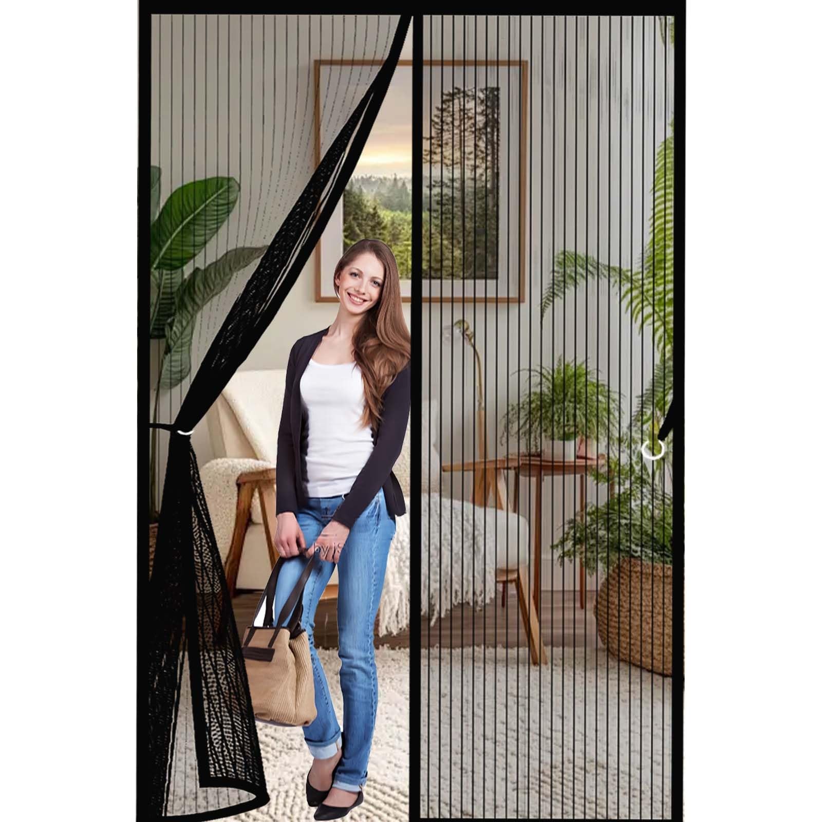 Fly Nets 115x180cm(WidthxHigh) Powerful Magnets and Full Frame Magic Tape, No Drill Installation Heavy Duty Mesh Bug Curtain Lets Fresh Air in, Hundreds of Sizes, Black