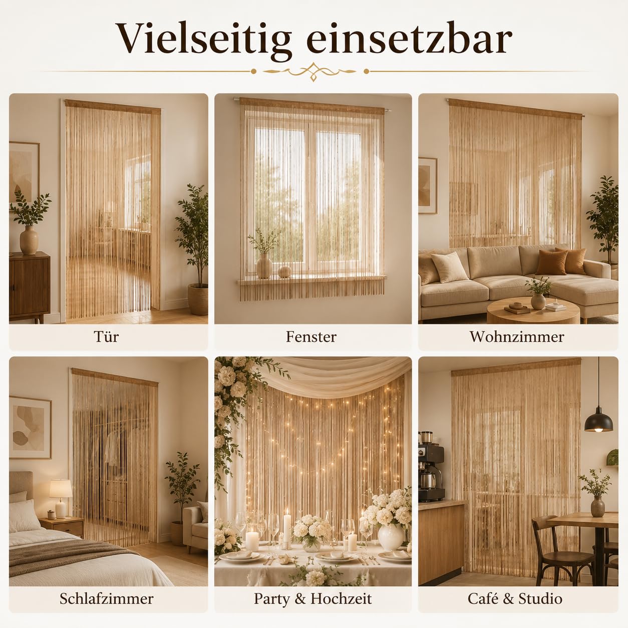 Lot de 6 rideaux à fils, 100 x 200 cm, champagne, décoration de perles pour mariage, salon, décoration de fête