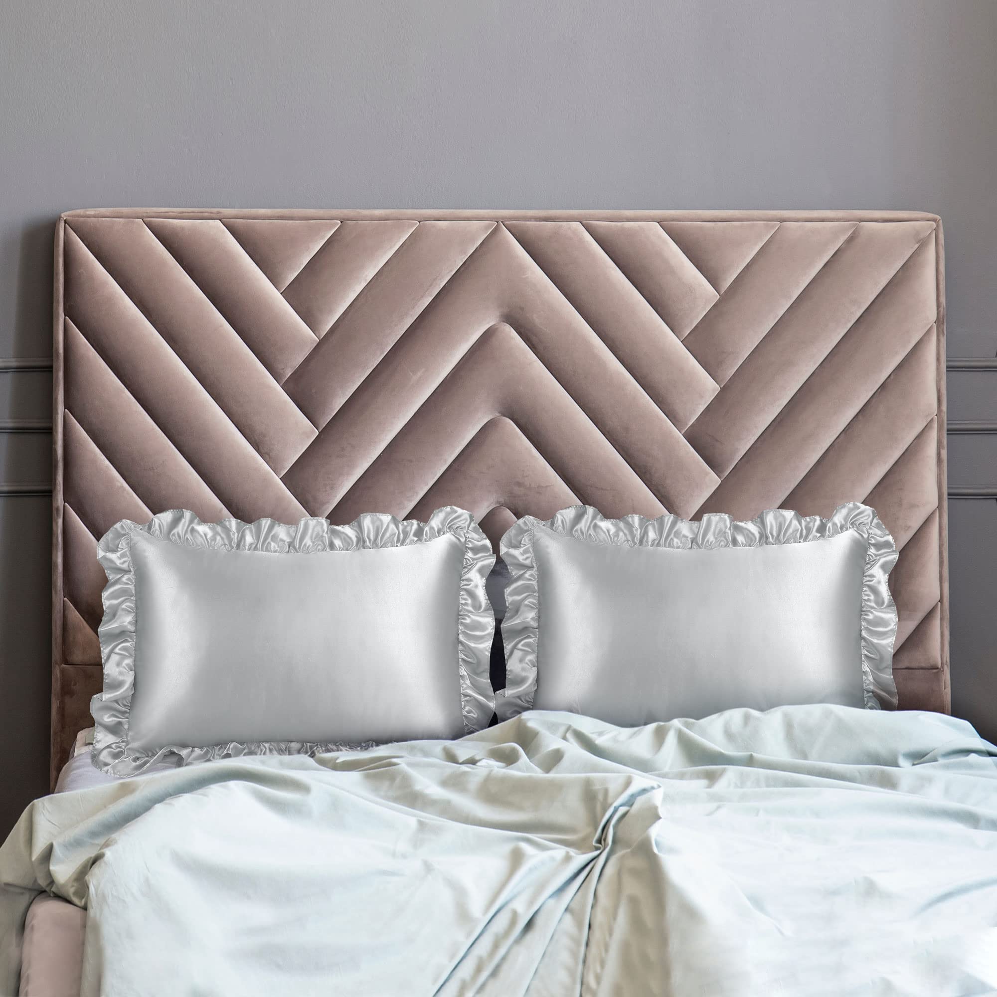 PiccoCasa Luxury Ruffled Pillow Shams Set of 2, Retro Silky Pillow Cover with Ruffle, 85 GSM Satin Pillowcases with Envelope Closure Queen Silver