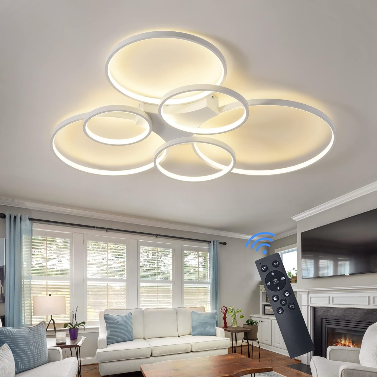 Modern LED Ceiling Light 39.4in 90W Dimmable Flush Mount Ceiling Light with Remote 6 Rings Acrylic Ceiling Lamps White Chandelier LED for Living Room Bedroom Kitchen Lighting Fixtures White 90W