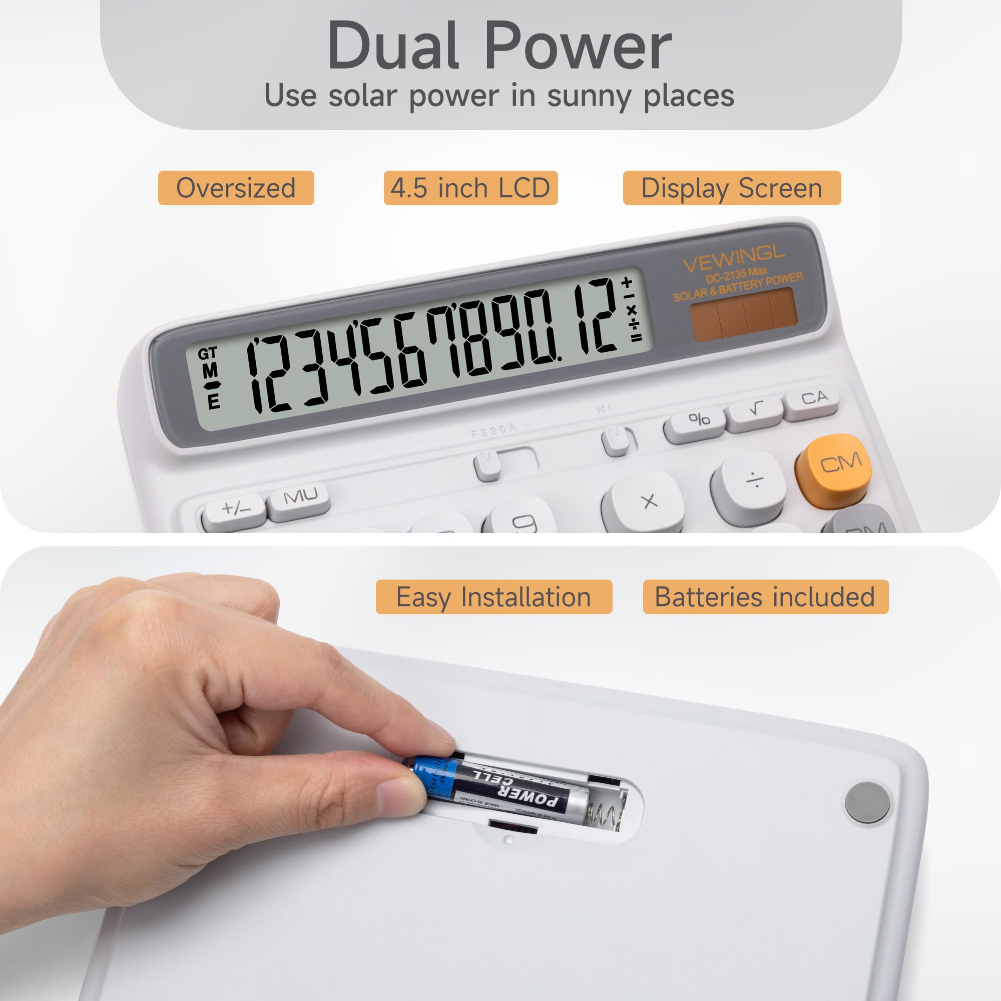 VEWINGL Tischrechner, 12-stelliges großes LCD-Display, große Tasten im Computer-Stil, Dual-Power (Solar und Batterie), automatischer Schlafmodus, für Büro, Schule, Zuhause und Geschäft, 19 x 16 cm