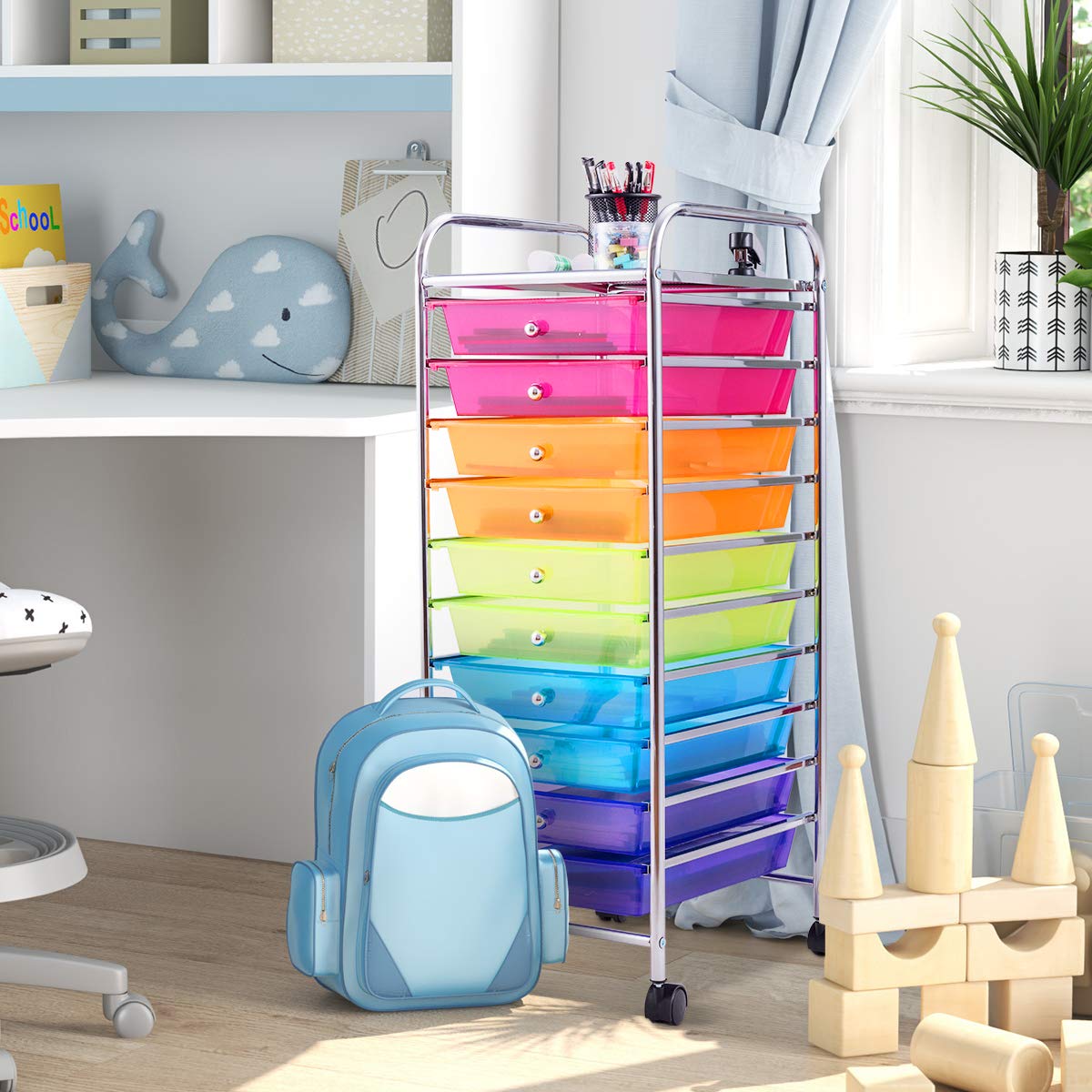 DREAMADE Chariot de Rangement,Desserte à Roulettes,Tour de Rangement en Métal avec 10 Tiroirs,1 Tablette,4 Roues et 2 Freins pour Salon,Chambre,Bureau,Dortoir 32,5 x 37 x 86CM (Coloré)