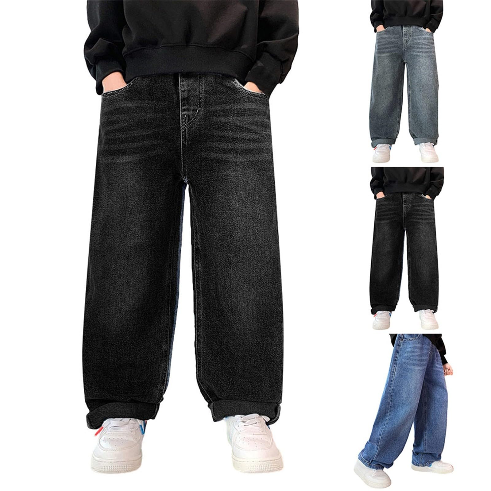 Jeans per ragazzi Pantaloni in denim foderati in pile Pantaloni dritti a gamba larga Pantaloni da scuola Vita elastica Jeans larghi per bambini Vintage Casual Streetwear