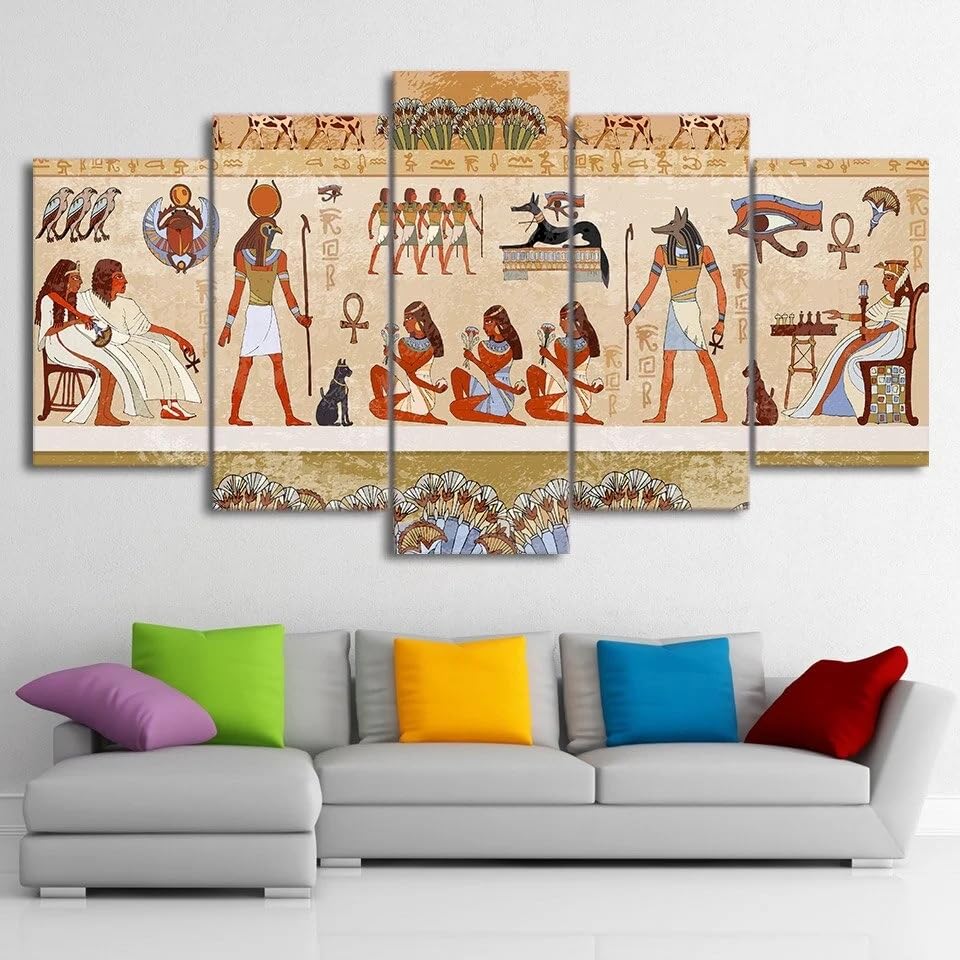 Tableau Égypte ancienne en 5 parties - Décoration murale salon avec cadre SHENGXINA