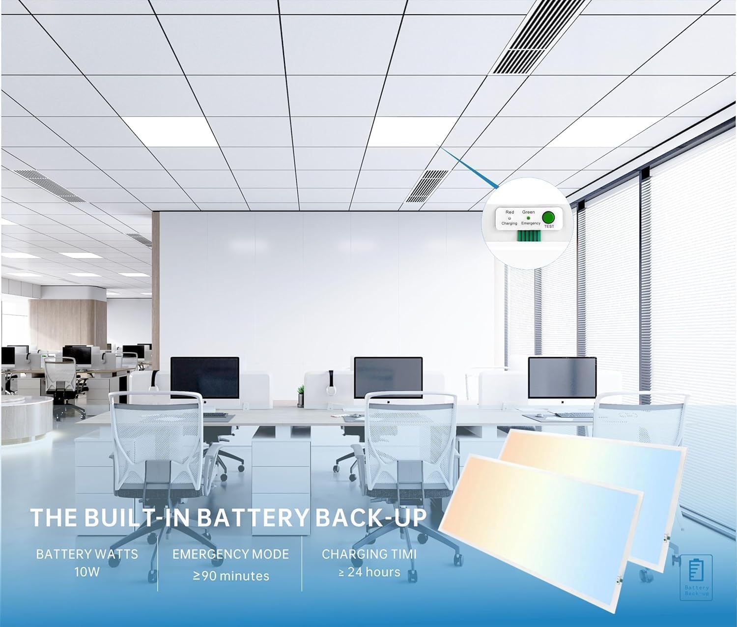 2 Pack 2x4FT LED Flat Panel Light with Emergency Battery Backup, Up to 90 Mins of Power Support 10W, 0-10V Dimmable, 3K/4K/5K Selectable 50W, 6500 Lumens, Backlit Drop Ceiling Panel,100-277V UL Listed