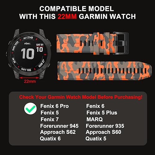 Miniatura 4 de Bandkids Correa de camuflaje de 0.866in para Garmin Fenix 6, Fenix 7, Fenix 5 de repuesto, correa de reloj deportiva de silicona suave impermeable