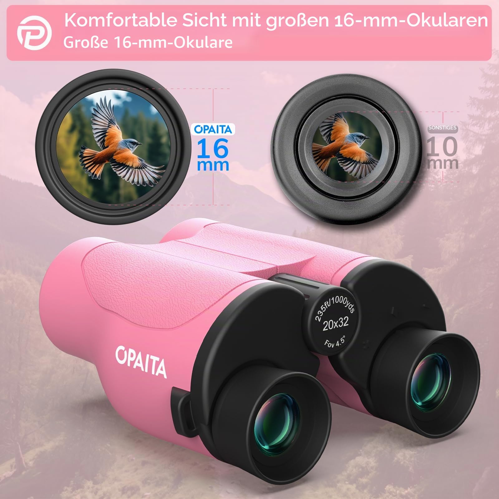 Kompaktes Fernglas für Erwachsene, Hochleistungsfernglas, 20x32 Mini-Fernglas für Erwachsene und Kinder mit Sicht bei schwachem Licht, für Jagd, Kreuzfahrten, Reisen, Konzerte, Wandern, rosa
