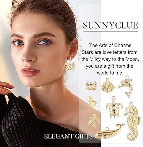 Miniatura 6 de SUNNYCLUE 1 caja de 16 piezas de 8 estilos reales chapados en oro de 14 quilates, dijes de animales con temática de mar, tortuga, estrella de mar,